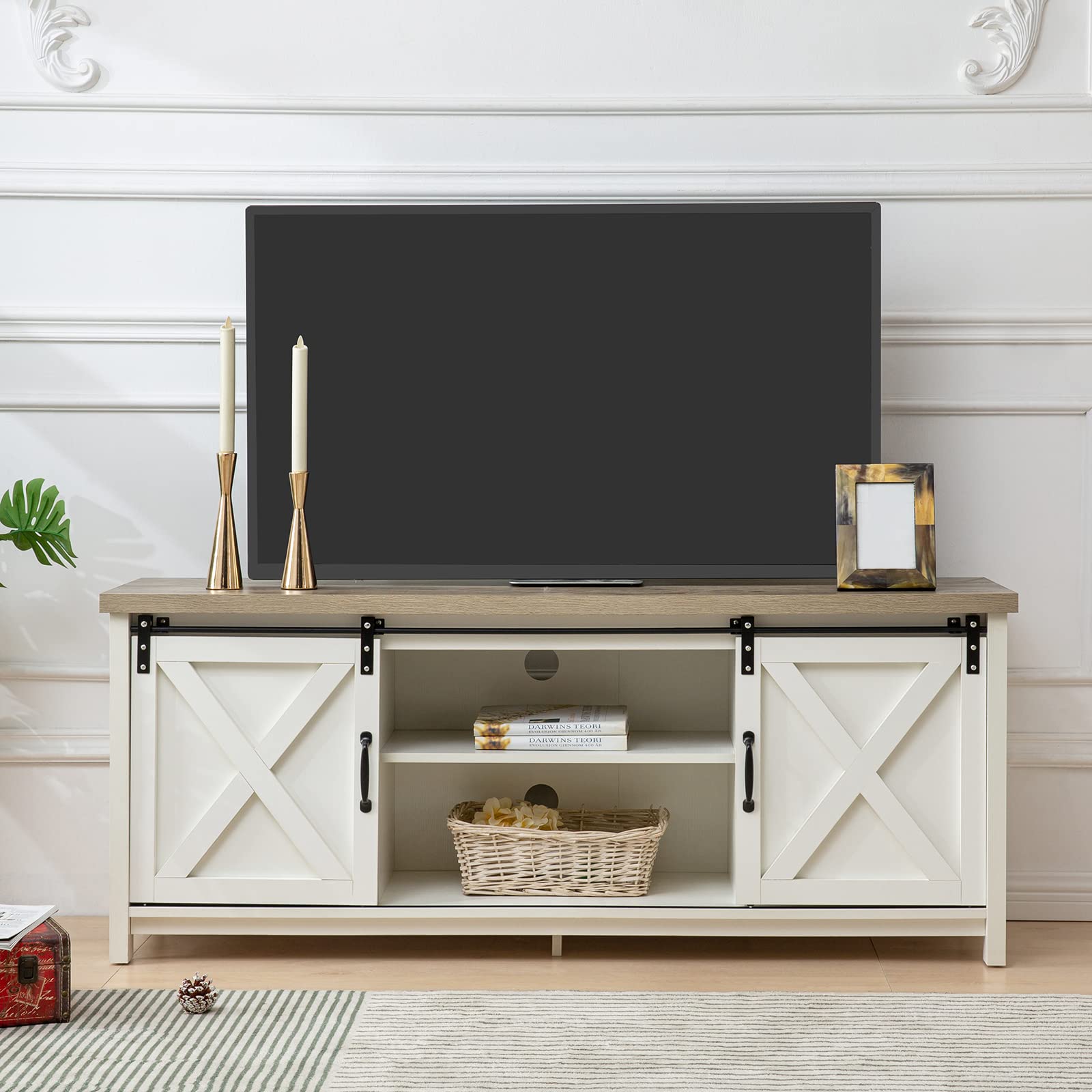 Modern Farmhouse TV Stand with Sliding Barn Doors - 65 Inch Rustic Media Console with 2-Tier Storage Cabinets - Antique White Entertainment Center for Living Room & Bedroom - Perfect for Farmhouse Decor & Cozy Family Movie Nights