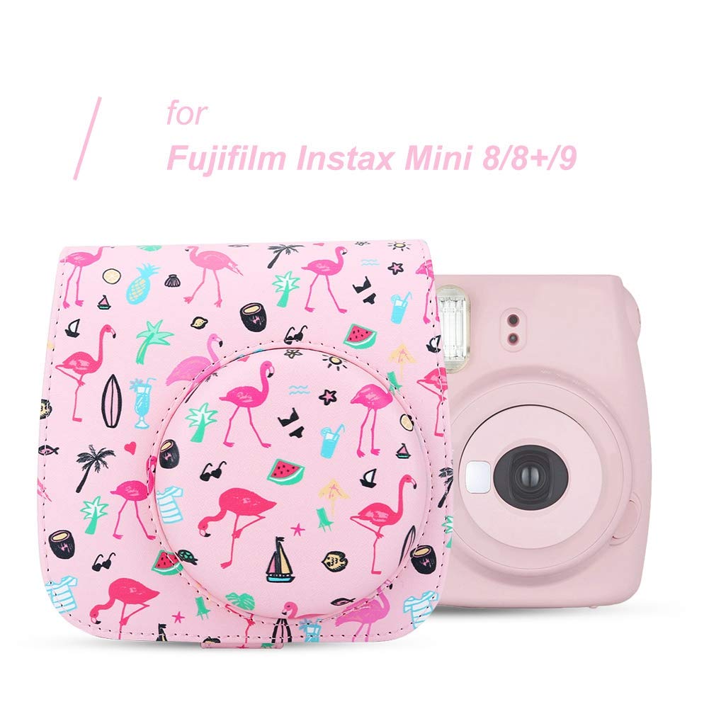 ANGGREK Flamingo Pattern PU Leather Camera Case Bag with Strap - Protective Pouch for Fujifilm Mini 8/8+/9/9+ & Instant Cameras - Perfect for Travel, Parties & Everyday Photography