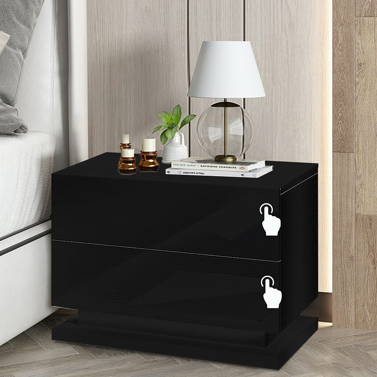 Modern LED Nightstand with 2 Drawers - Wooden Storage Bedside Table with Touch Control LED Lights - High Gloss Black Night Stand for Bedroom, Living Room & Office - Perfect for Small Spaces, Reading & Charging Devices