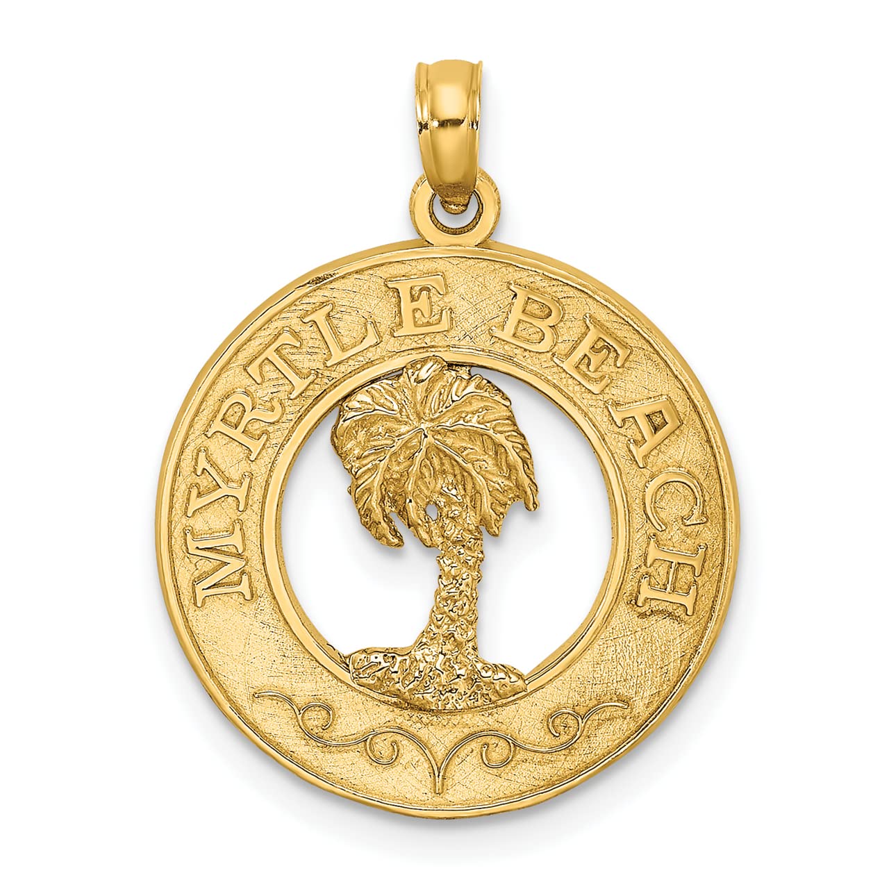 14k Yellow Gold Myrtle Beach Round Frame Necklace with Palm Tree Charm - Perfect for Beach Vacations, Summer Outfits, and Coastal-Inspired Jewelry Gifts
