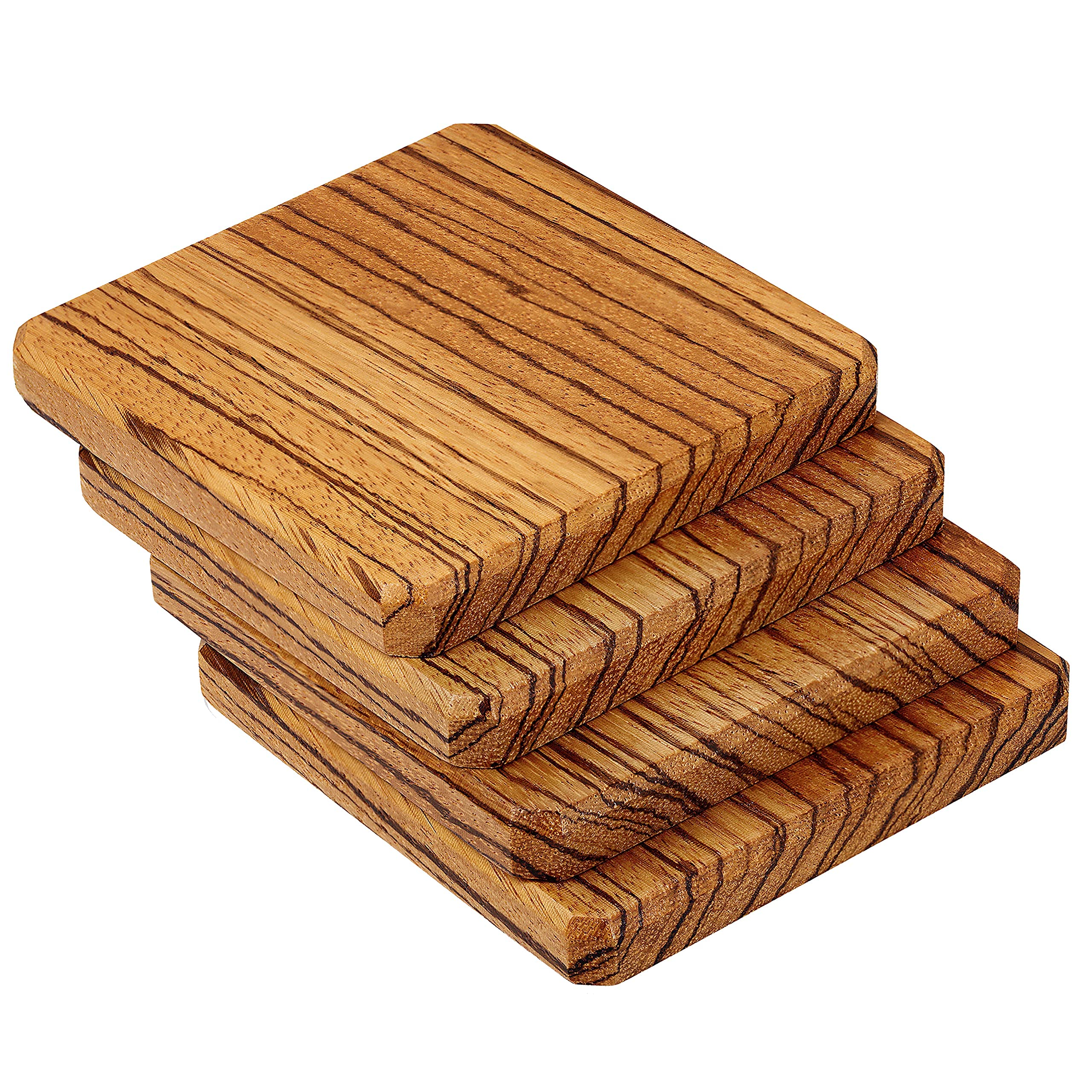 Premium Exotic Tiger Edge Grain Wood Coasters Set of 4 - Luxury Table Protectors for Coffee, Beer & Drinking Glasses (3.5” x 3.5” x 0.5”) - Handcrafted in USA - Perfect for Home Bars, Coffee Tables & Dining Room Decor