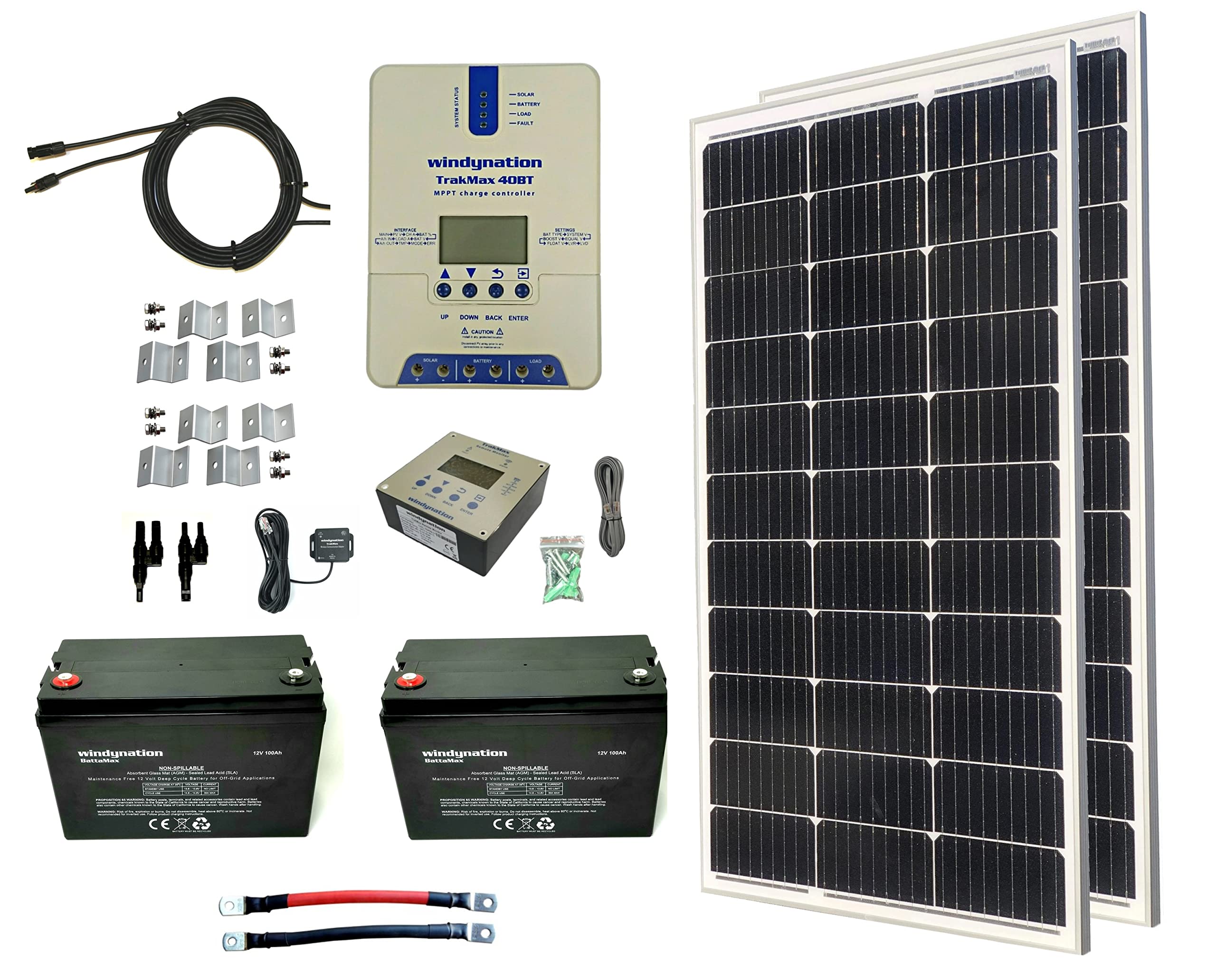 WindyNation 200W Monocrystalline Solar Panel Kit with 40A MPPT Charge Controller | Complete Off-Grid Power Solution for RV, Boat & Cabin | Includes Wireless Monitoring & 200Ah AGM Battery