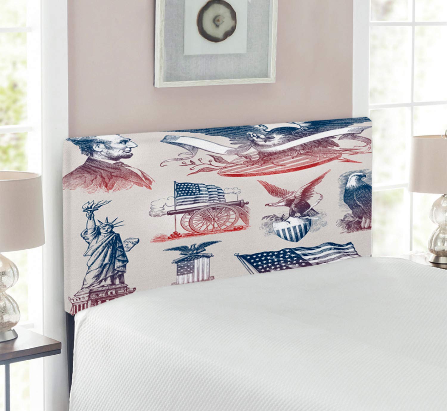 Ambesonne Vintage American Headboard - Hand Drawn National Symbols Design with Abraham Lincoln, Eagle & Statue of Liberty | Upholstered Metal Bed Frame with Memory Foam | Twin Size Multicolor Headboard for Bedroom Decor | Perfect for Patriotic Home Decor, Guest Rooms & College Dorms