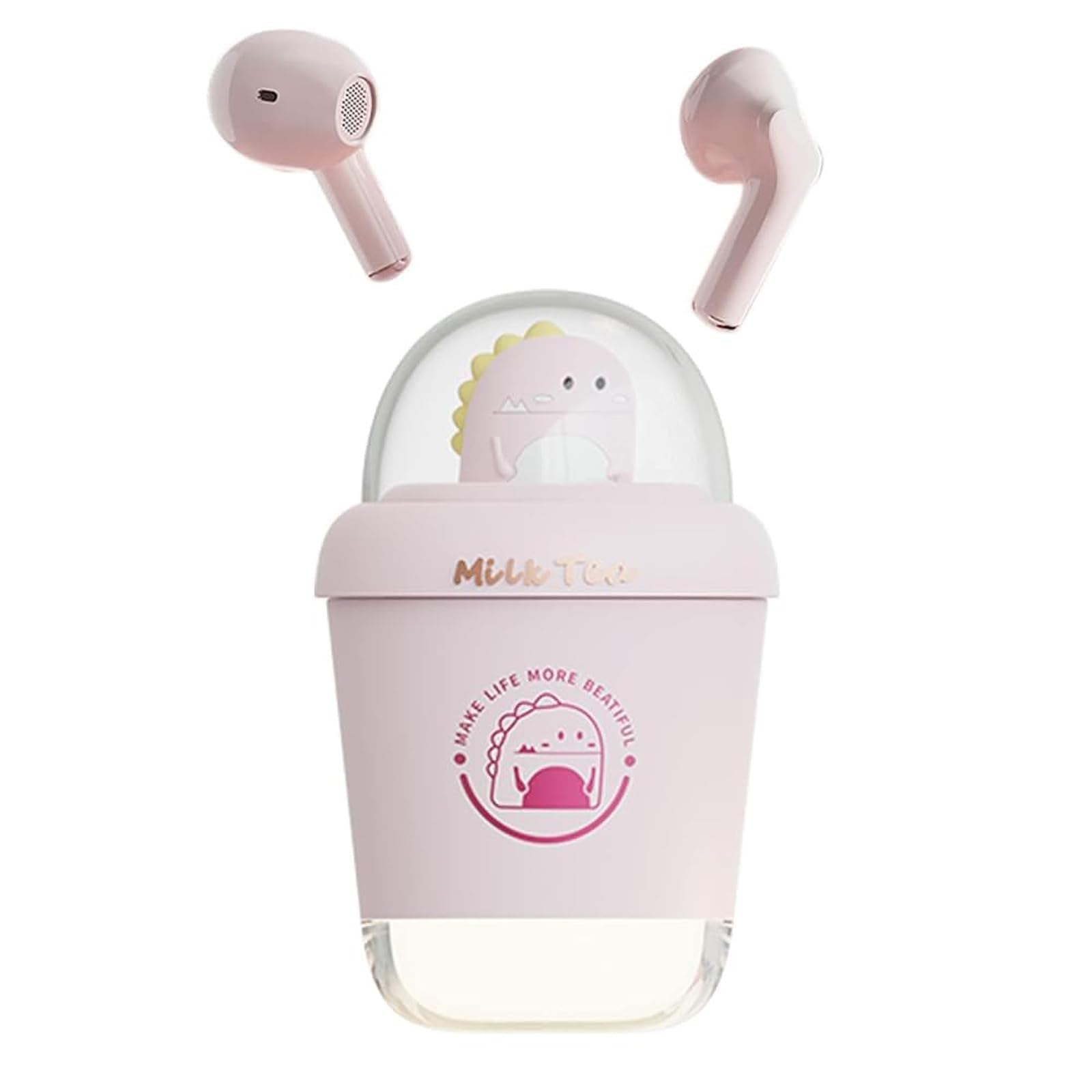 **Xmenha Pink Dinosaur Wireless Bluetooth Earbuds for Kids - Cute Kawaii Headphones with Mic, Small Ear Design for Girls & Boys - Perfect for School, Playtime & Travel**
