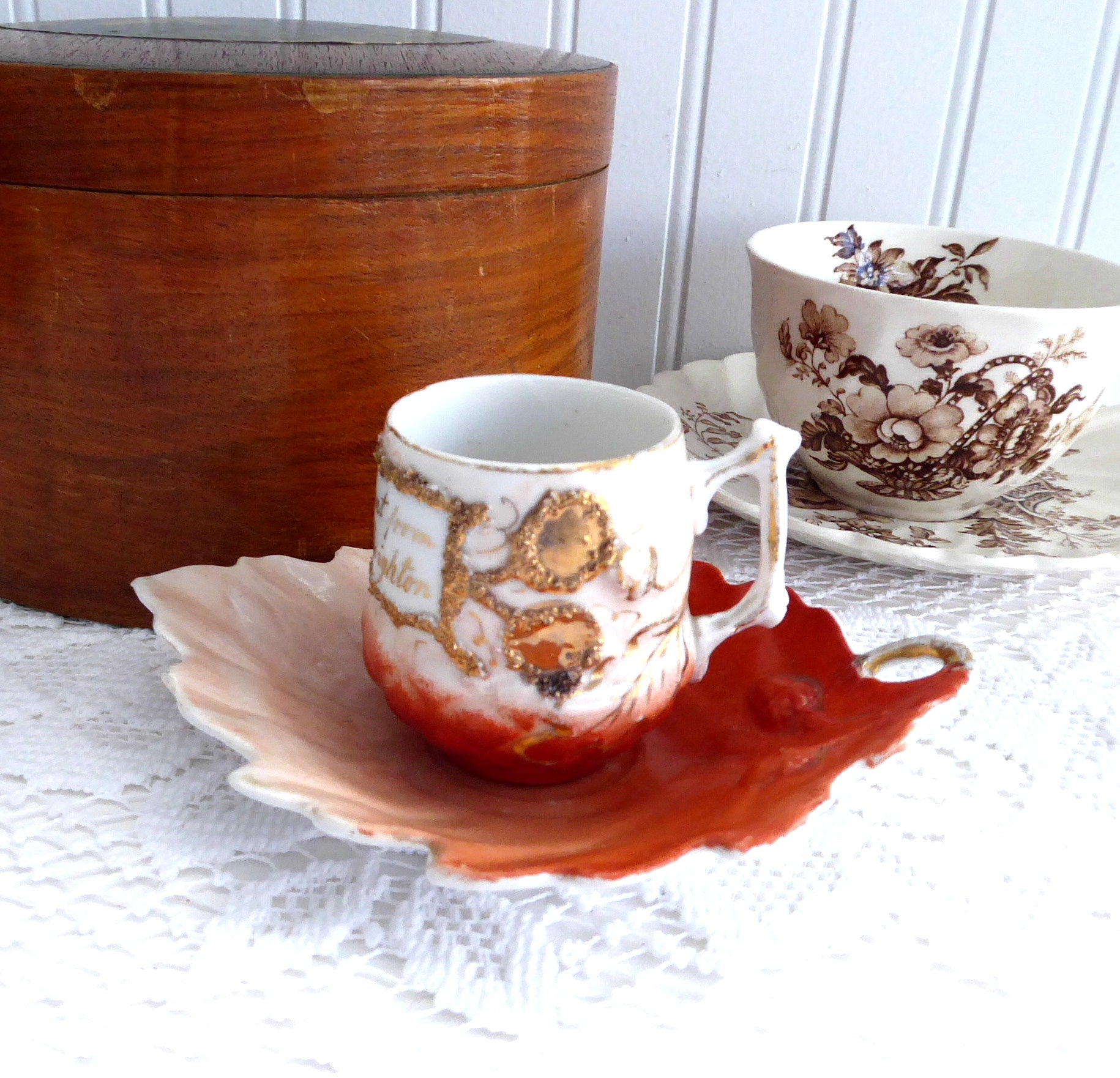 Antique Victorian Acorn Cup and Leaf Saucer Set - Gold & Orange Demi-Tasse (1890s) - Perfect for Afternoon Tea, Vintage Collectibles & Home Decor