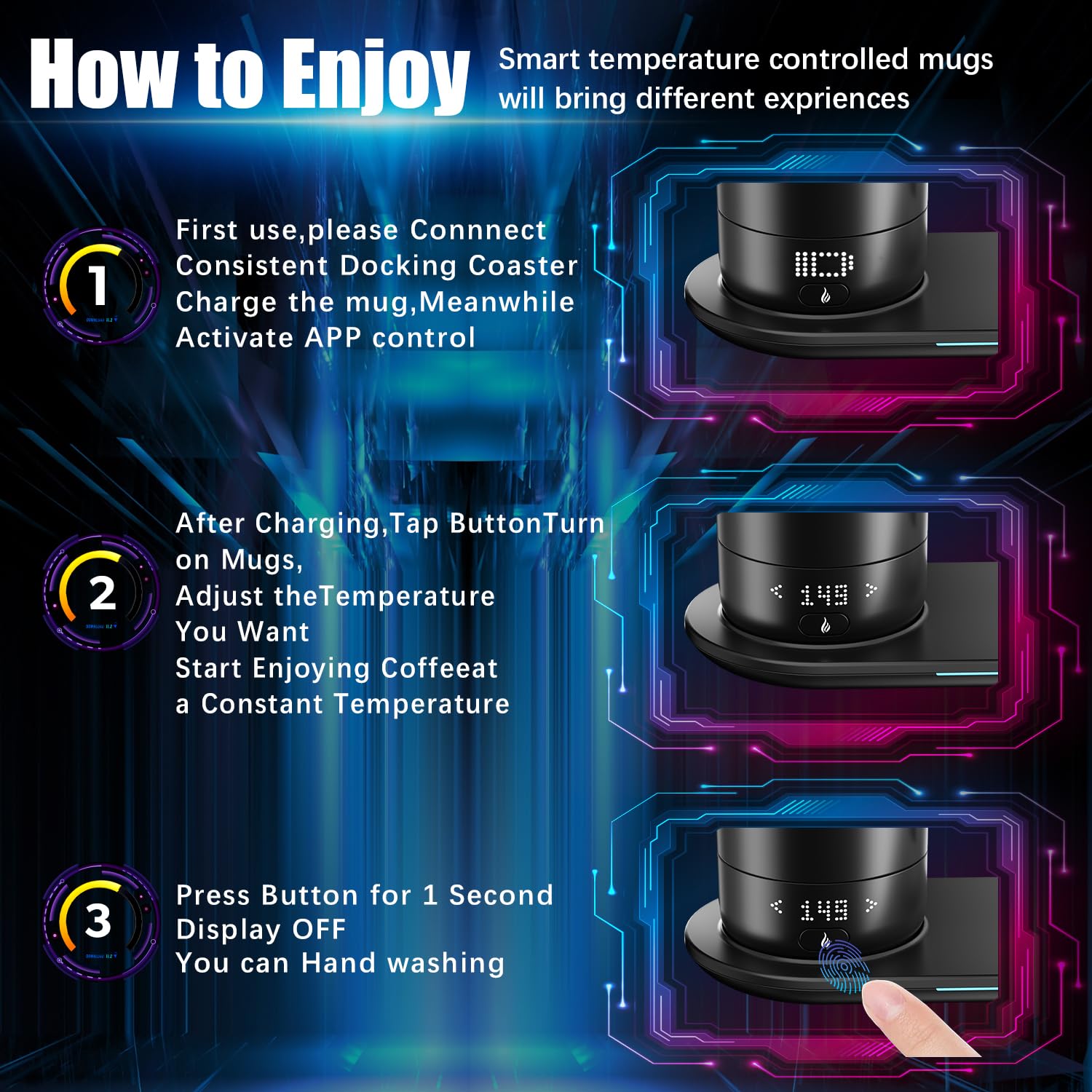 Smart Self Heating Coffee Mug 18 Oz - Temperature Control Electric Mug with App & LED Display - 5-10 Hour Battery Life - Wireless Charging Base - Keep Coffee Hot All Day - Perfect for Office, Travel & Home Use - Dull Black