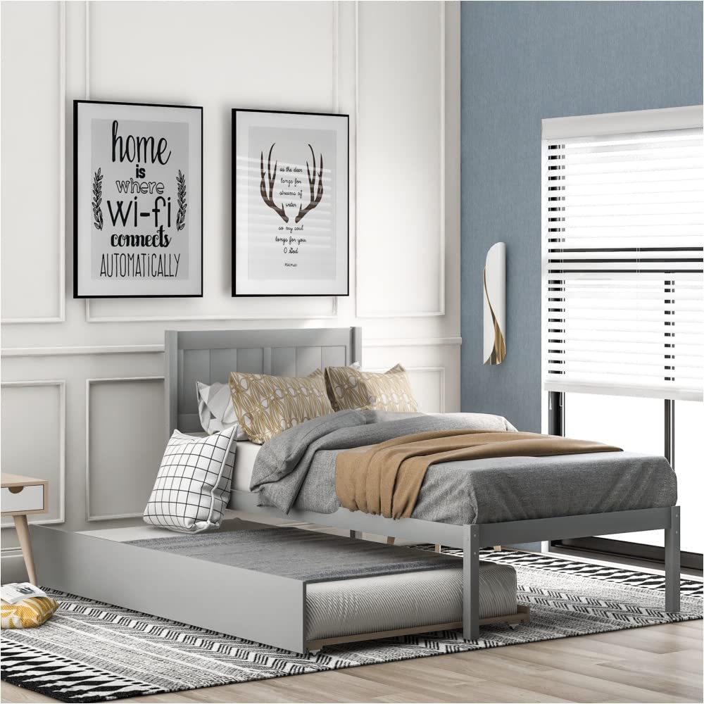 HuaZo Twin Size Wood Platform Bed Frame with Trundle - Gray Modern Minimalist Bedroom Furniture for Small Spaces & Guest Rooms