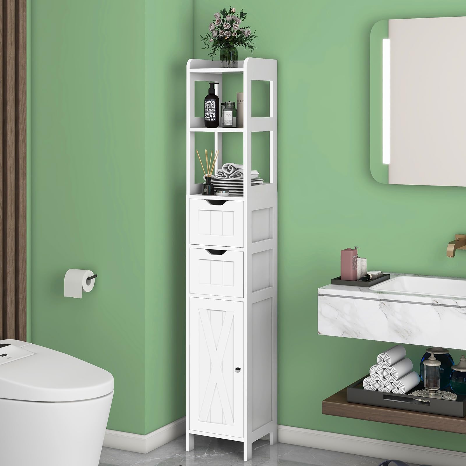 Freestanding Narrow Tall Bathroom Cabinet with Door & Adjustable Shelf - Multifunctional Floor Storage with 2 Drawers, White - Perfect for Small Bathrooms, Bedrooms & Laundry Rooms