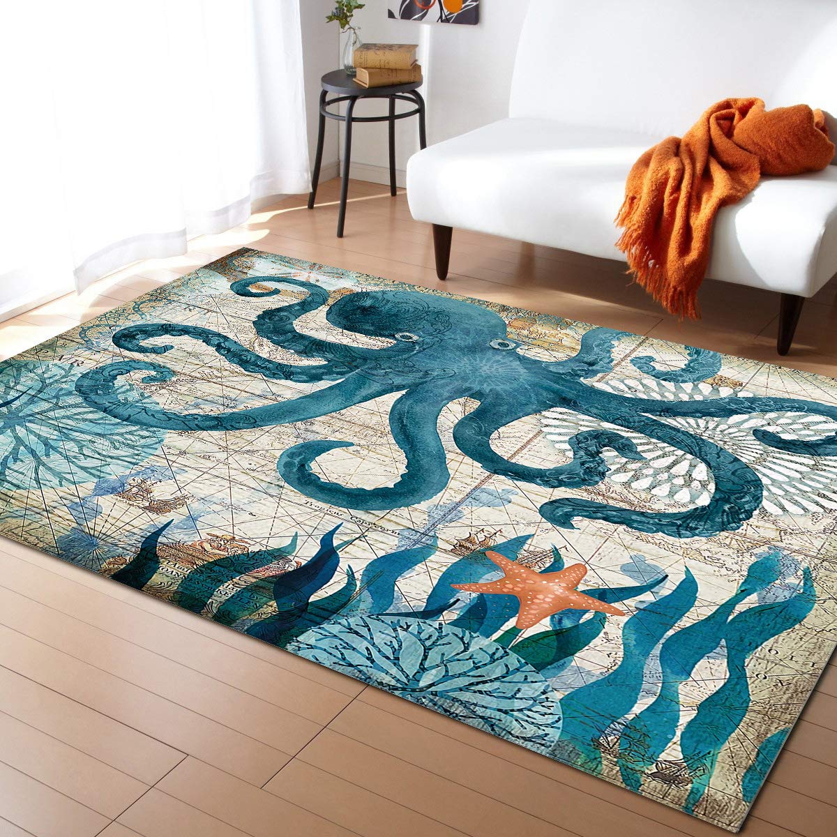 5x7ft Large Non-Slip Area Rug - Watercolor Sea Octopus Kraken Design for Living Room, Bedroom, Hallway | Indoor/Outdoor Nursery Rug Decor | Ocean Animal Theme Home Decor for Coastal Style & Kids Rooms