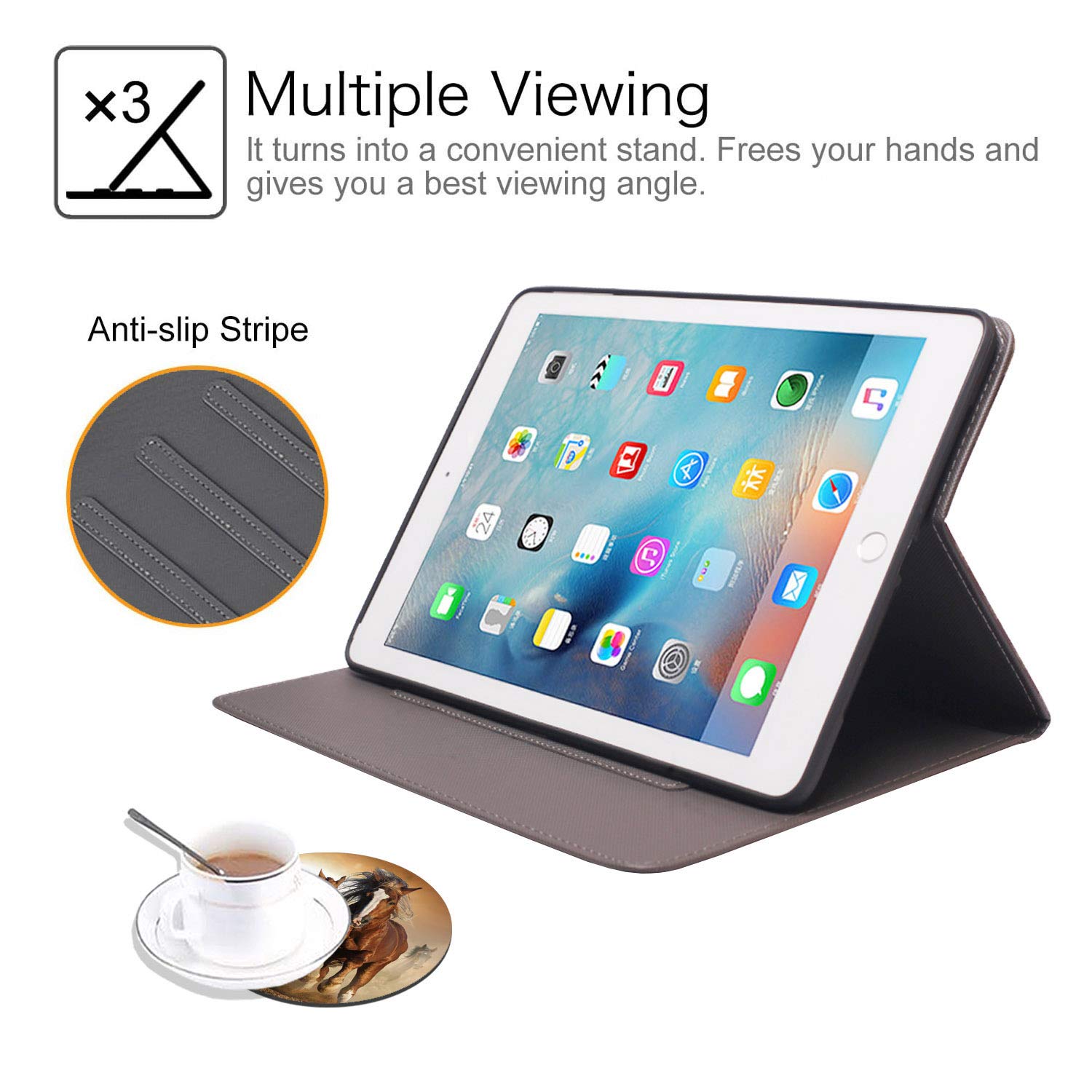 Premium Adjustable Multi-Angle Folio Stand Case with Auto Wake/Sleep for iPad 9.7 (2017/2018), iPad Air 1/2, iPad 5th/6th Gen - Running Horse Design | Perfect for Work, Study & Entertainment | Includes Bonus Coasters