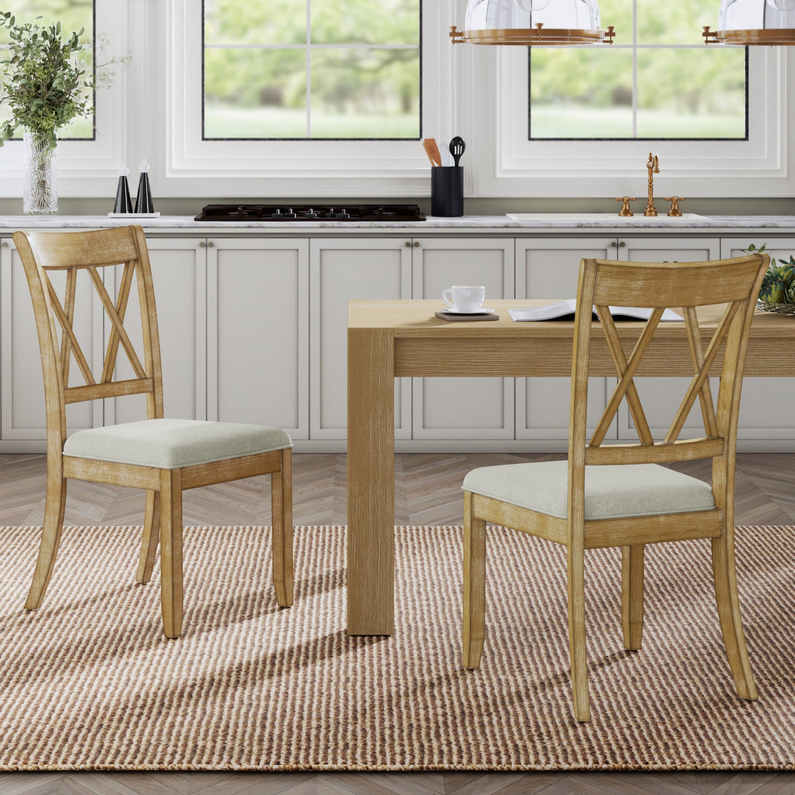 Amaya Rustic Modern Farmhouse Solid Wood Dining Chairs Set of 2 - Sturdy Wooden Kitchen Chairs for Dining Room, Breakfast Nook & Farmhouse Decor