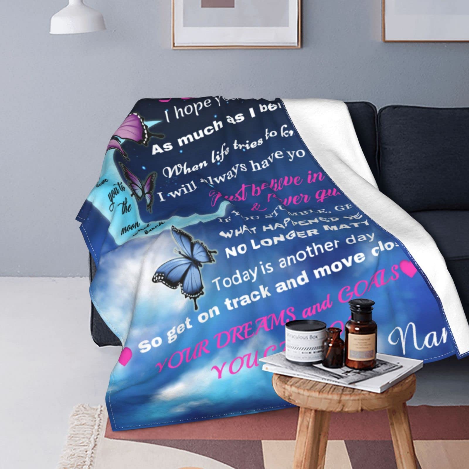 Personalized Custom Name Blanket - Love Letter to My Daughter from Dad & Mom - Butterfly Moon Design - 60x80 Inch Soft Fleece Throw Blanket - Perfect for Bed, Couch, Nursery & Gift Giving