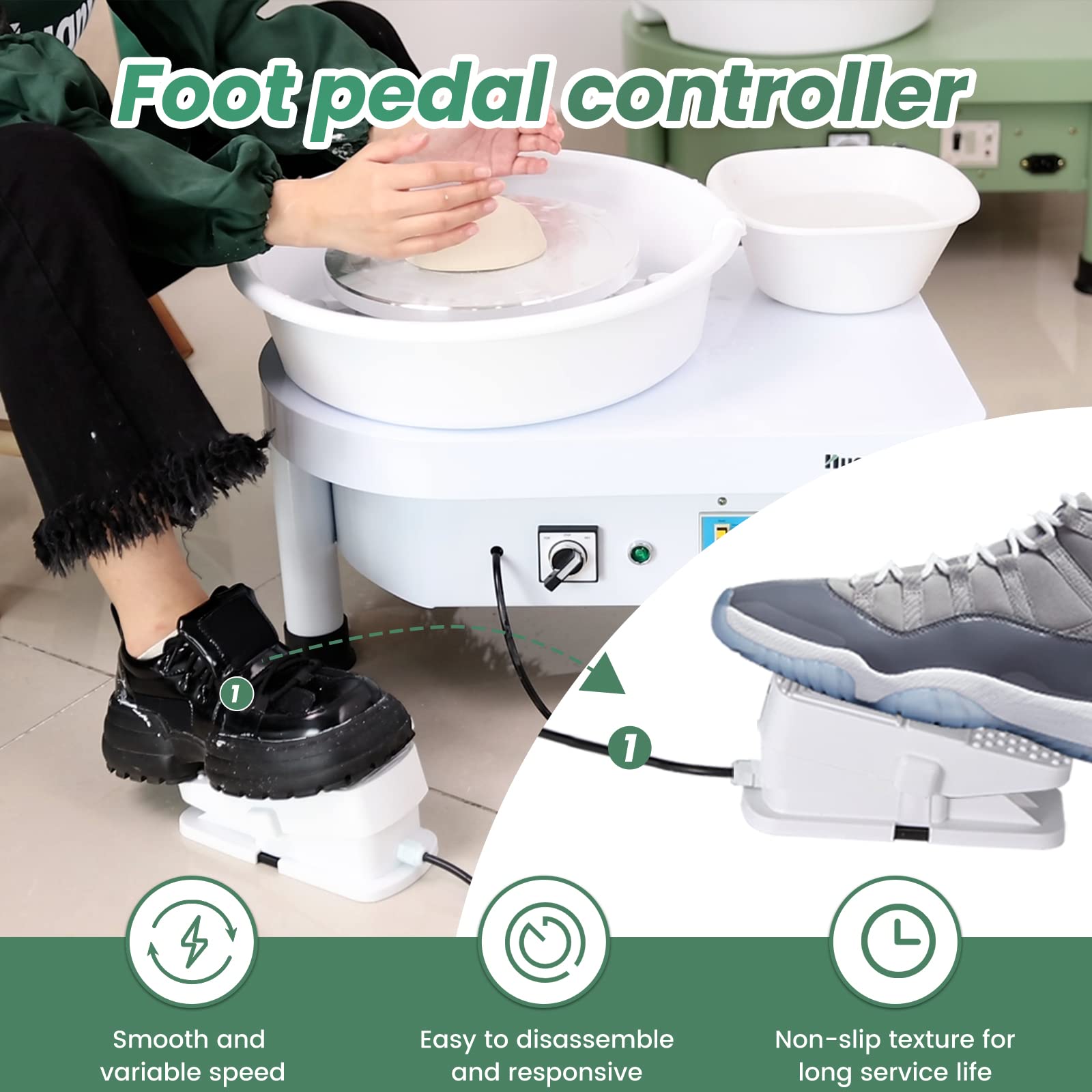 Huanyu 25cm Electric Pottery Wheel with Foot Pedal - 350W Ceramic Forming Machine, Detachable Basin & Bat Tools for Clay Art, DIY Craft Projects - Perfect for Studio, Classroom & Home Pottery Making