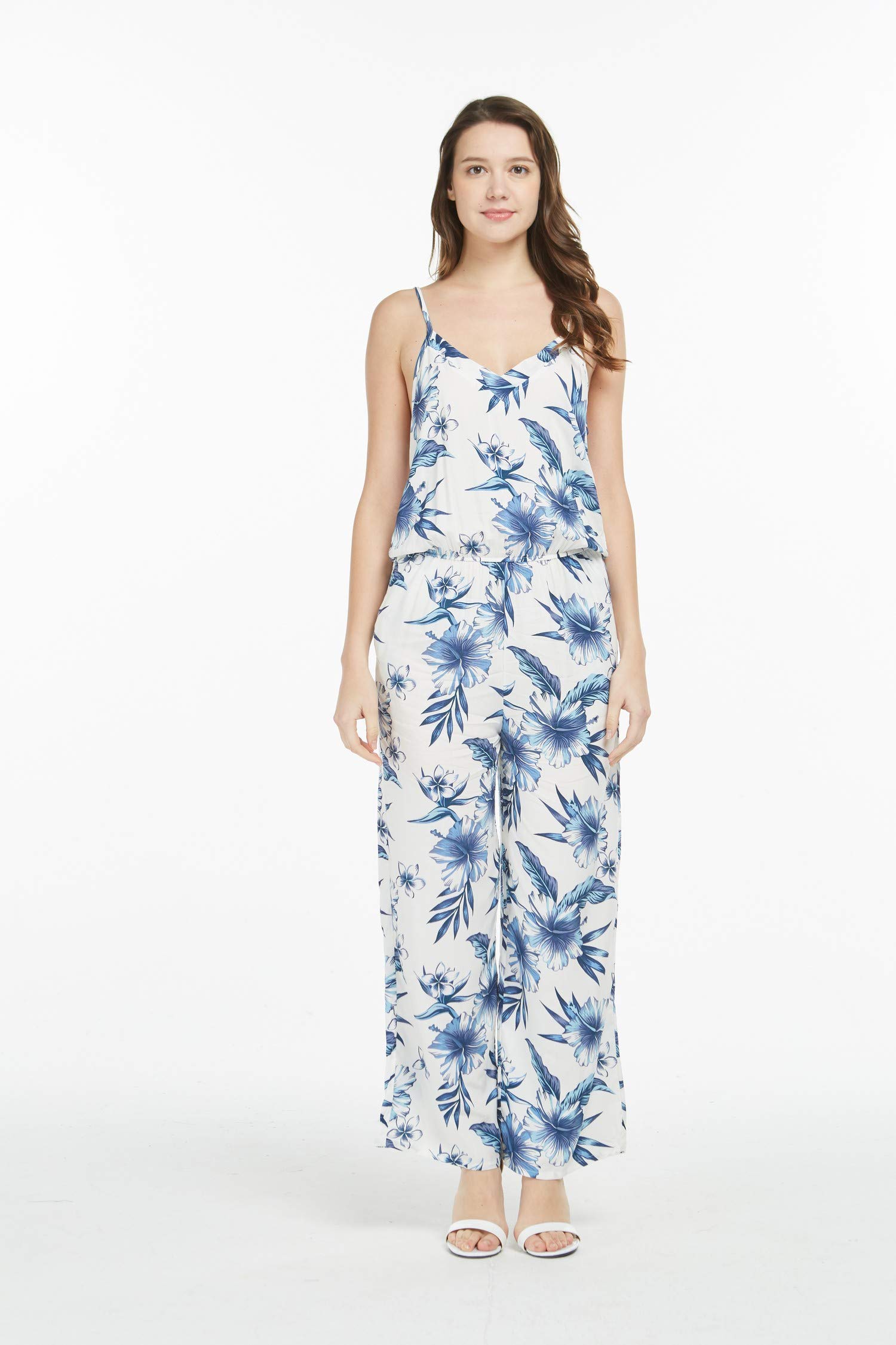 Women's Hawaiian Strap V-Neck Jumpsuit with Pockets - Simply Blue Leaves Print | Beach Cover Up, Summer Vacation Outfit, Tropical Party Dress