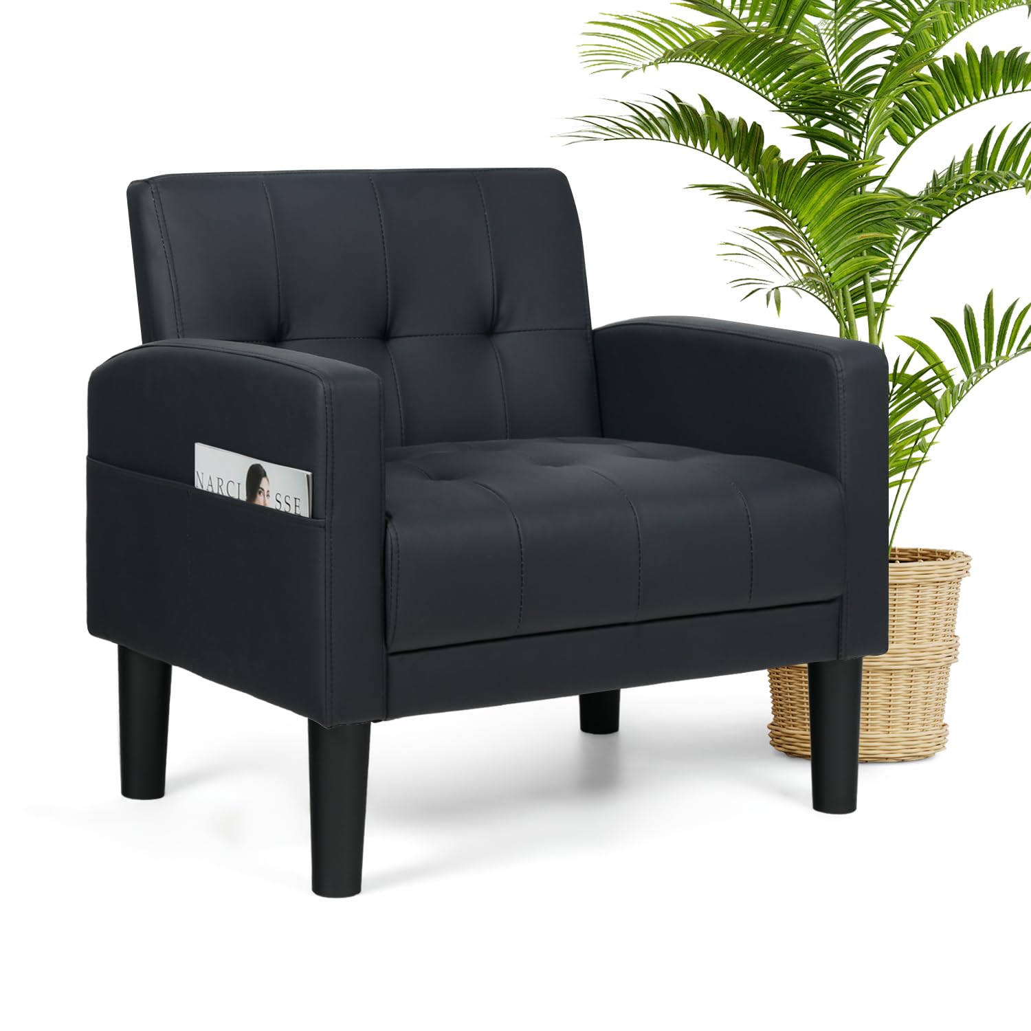 AILEEKISS Modern Upholstered Accent Chair with Side Pockets - Comfy Fabric Armchair for Living Room, Bedroom & Office - Black Leather Sofa Chair for Small Spaces - Perfect for Reading, Relaxing & Home Decor