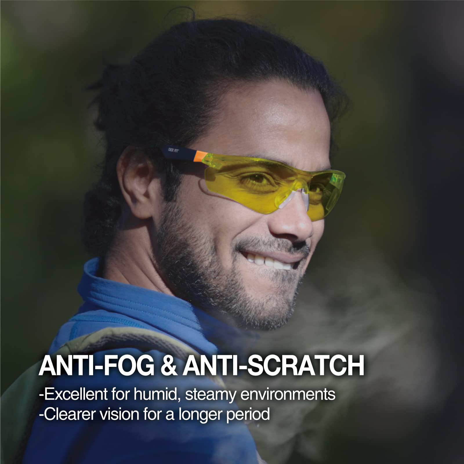 DEX FIT Safety Glasses SG210 - ANSI Z87.1 Certified Protective Eyewear for Men & Women | Anti-Fog, Scratch Resistant, UV & Blue Light Protection | Adjustable Black/Orange Frame with Yellow Lens | Perfect for Construction, Lab Work & Outdoor Activities