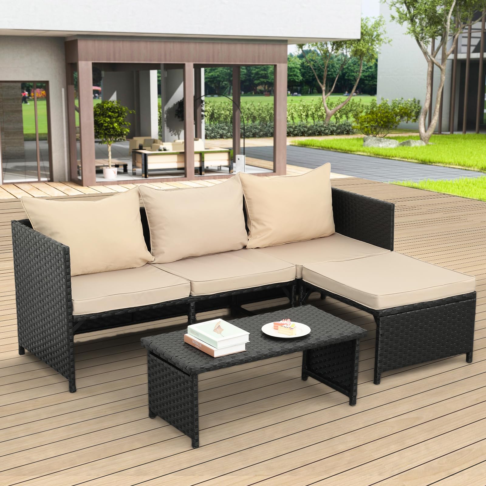 Valita 3-Piece Outdoor PE Rattan Patio Furniture Set - Black Wicker Loveseat Sofa with Khaki Cushions, Weather-Resistant Conversation Set for Garden, Poolside, and Backyard Relaxation