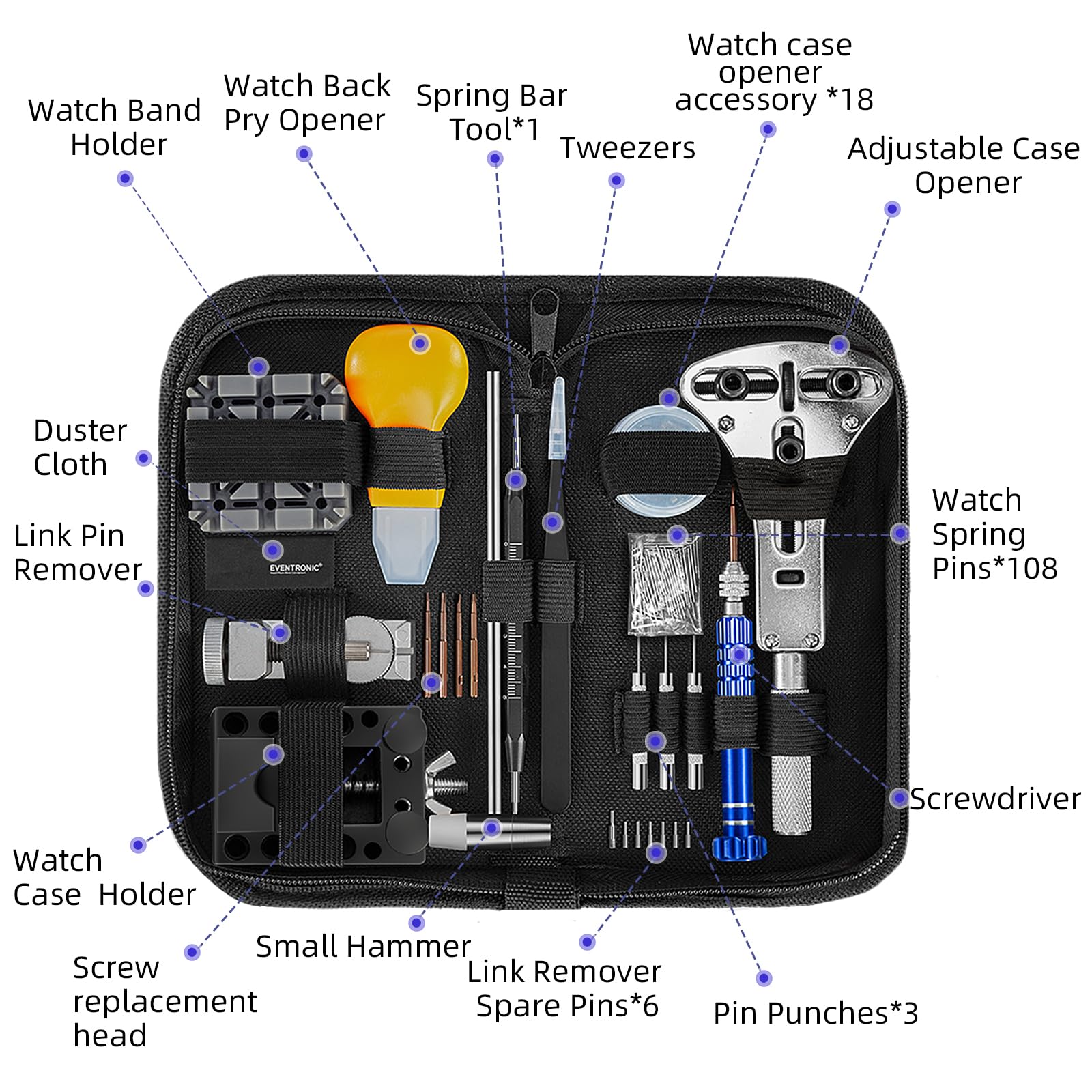 2025 Upgraded Eventronic Watch Repair Kit - Professional Watch Battery Replacement Tool Set with Spring Bar, Case Opener & Link Remover | Complete Watch Maintenance Kit for DIY Watch Battery Change, Band Adjustment & Back Removal | Perfect for Watch Enthusiasts, Jewelers & Home Repair