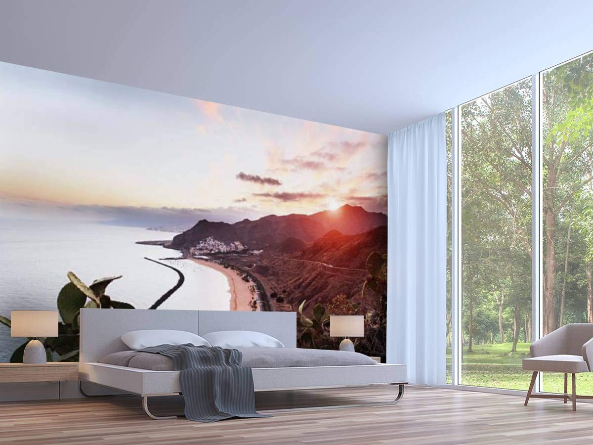 3D Self-Adhesive Sunset Wallpaper - Playa de Las Teresitas Tenerife Canary Islands Scenic Wall Mural for Bedroom, Living Room & Dorm Decor | Easy Peel & Stick Wallpaper for Ceiling, Wardrobe & Furniture | Perfect for Home Renovation & Interior Design Projects