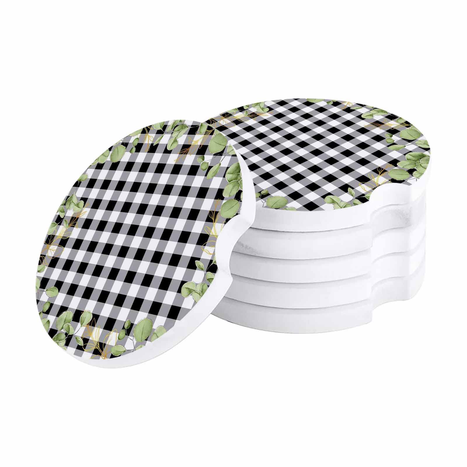 Eucalyptus Leaf Ceramic Car Coasters - 6 Pack Absorbent Cup Holders with Finger Notch for Easy Removal, Black & White Buffalo Check Pattern - Perfect Car Accessories for Coffee, Drinks and Beverages