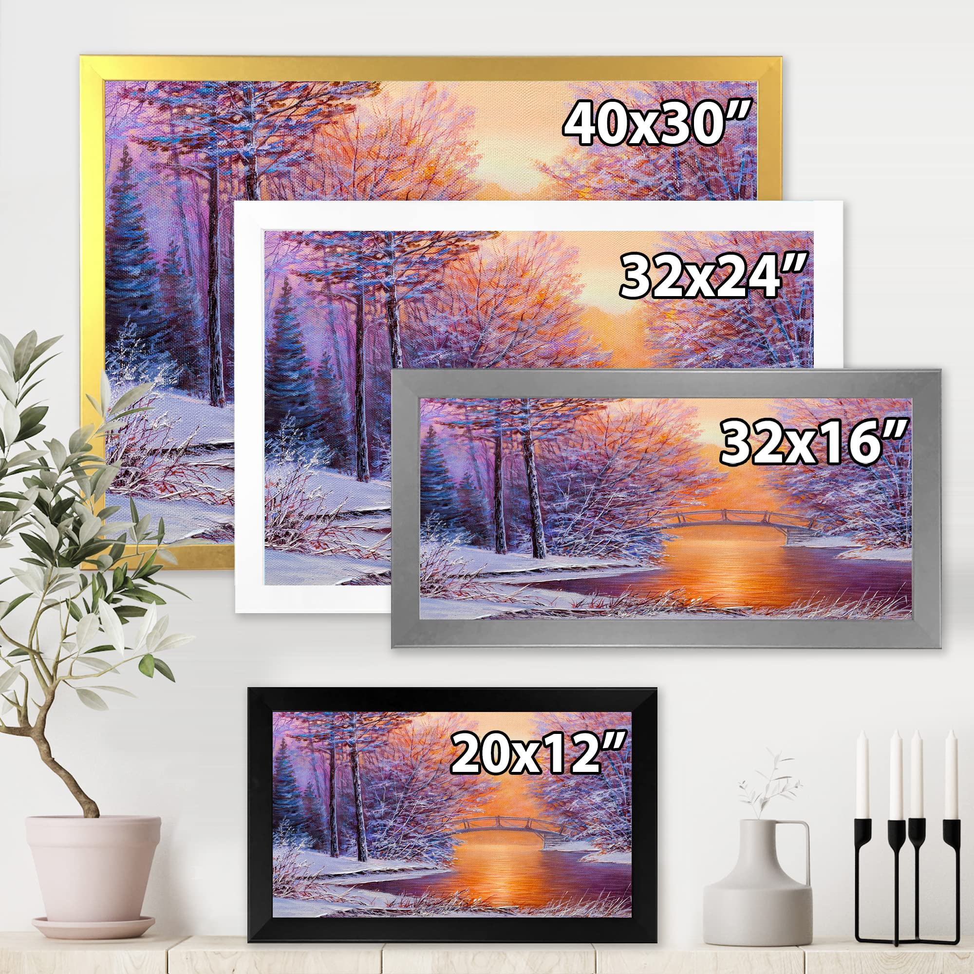 Traditional Framed Winter Landscape Wall Art - Bridge Over River Painting - Perfect for Living Room, Bedroom & Office Decor