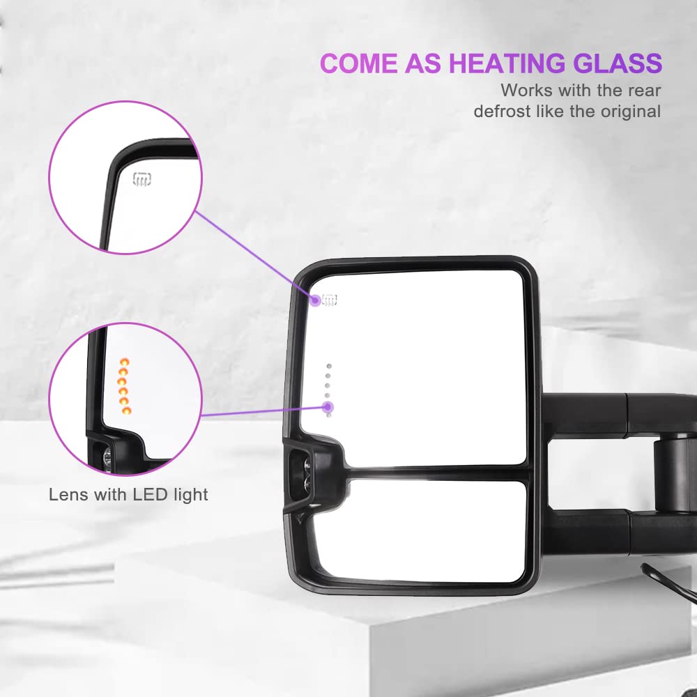 INEEDUP Towing Mirrors for GMC Sierra 2500/3500 HD (2015-2019) - Power Adjustable Heated Mirrors with LED Turn Signal & Puddle Light - Black Housing - Perfect for Enhanced Visibility & Safety While Towing Trailers or Heavy Loads