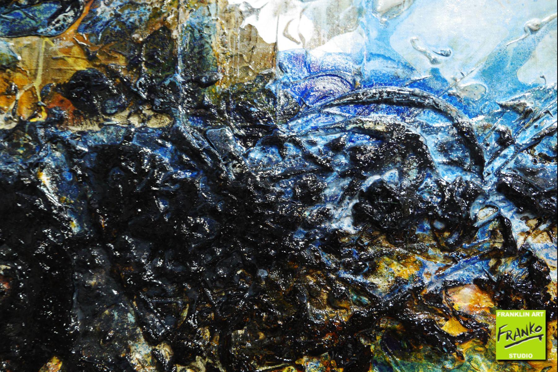 Blue Sienna 240cm x 100cm Abstract Textured Painting - Modern Black & Blue Wall Art for Living Room, Bedroom & Office Decor
