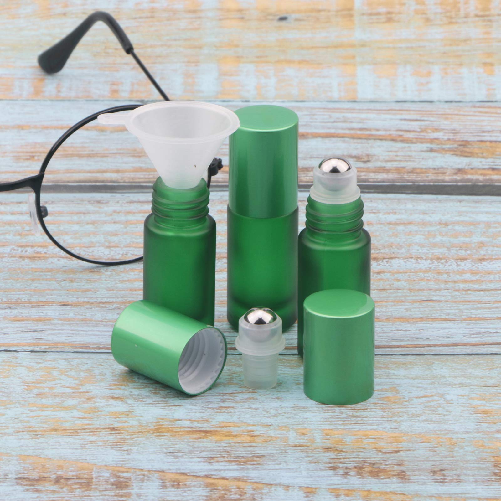 Kesell 10-Pack 5ml Empty Glass Roll On Bottles with Stainless Steel Roller Balls - Green Essential Oil Containers for Aromatherapy, DIY Blends & Travel Skincare
