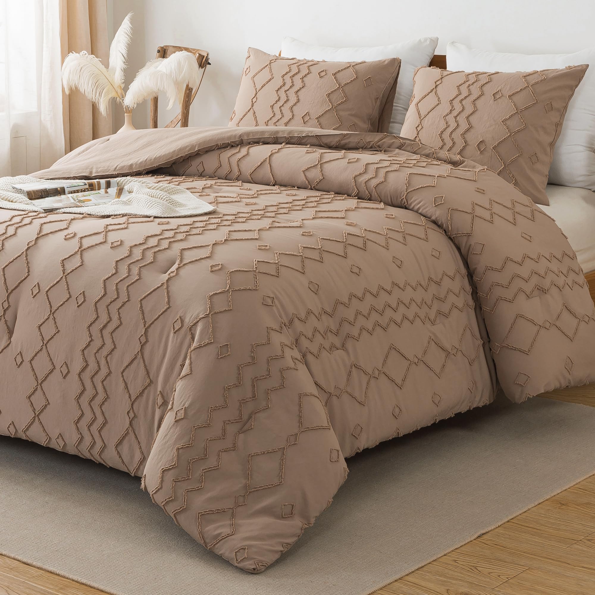 **Andency Taupe Tufted Comforter Set King (104x90 Inches) – 3-Piece Boho Farmhouse Bedding with Geometric Design, Soft Microfiber Down Alternative – Perfect for Cozy Bedrooms & Guest Rooms**