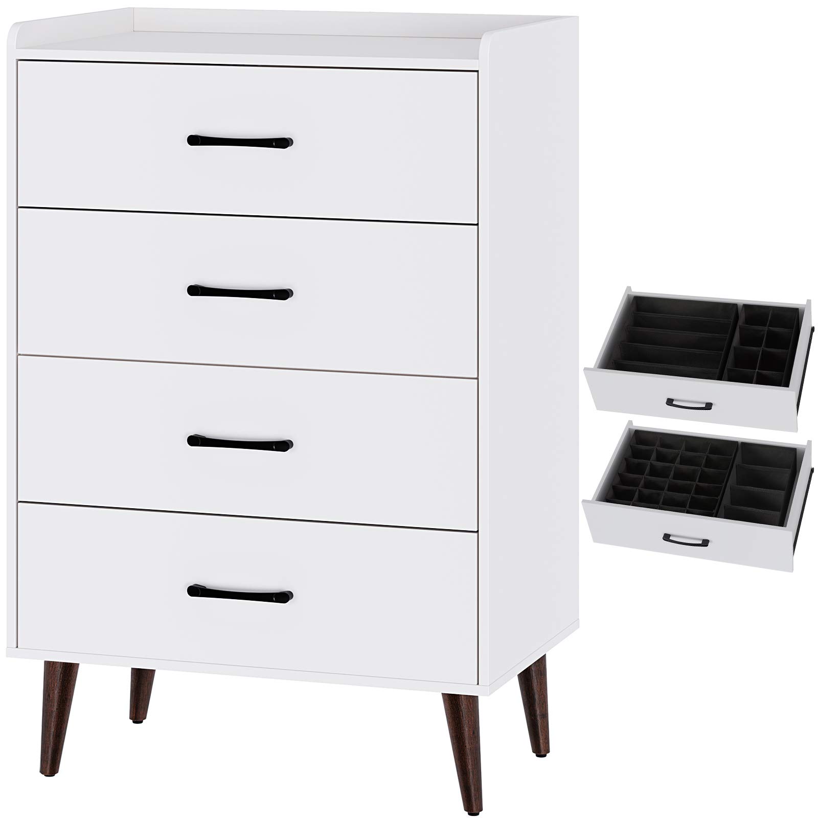 Rolanstar 4-Drawer Wood Dresser with Foldable Dividers & Anti-Tip Device - Rustic White Bedroom Storage Organizer for Clothes, Toys, and Home Organization