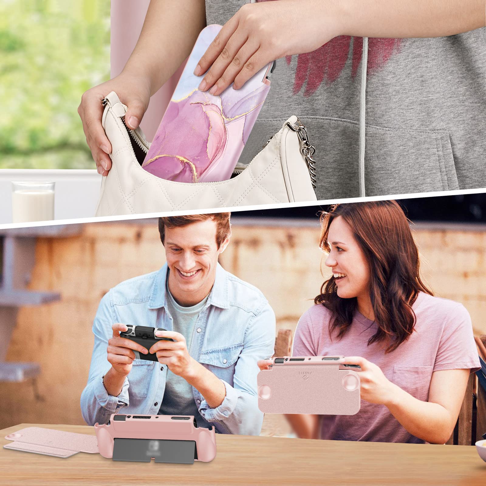 Fintie Flip Case for Nintendo Switch OLED Model 2021 - Slim Protective Soft TPU Shell with Magnetically Detachable Front Cover & Ergonomic Grip | Screen Safe Design | Dreamy Marble | Perfect for Travel, Gaming On-The-Go & Home Entertainment