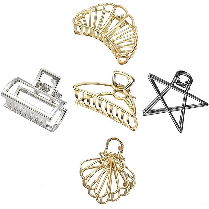 TREXEE 5 Pcs Hollow Medium Hair Clips - Golden Silver Bronze Star Moon Geometric Hair Accessories for Women & Girls | Perfect for School, Work, Parties & Everyday Styling