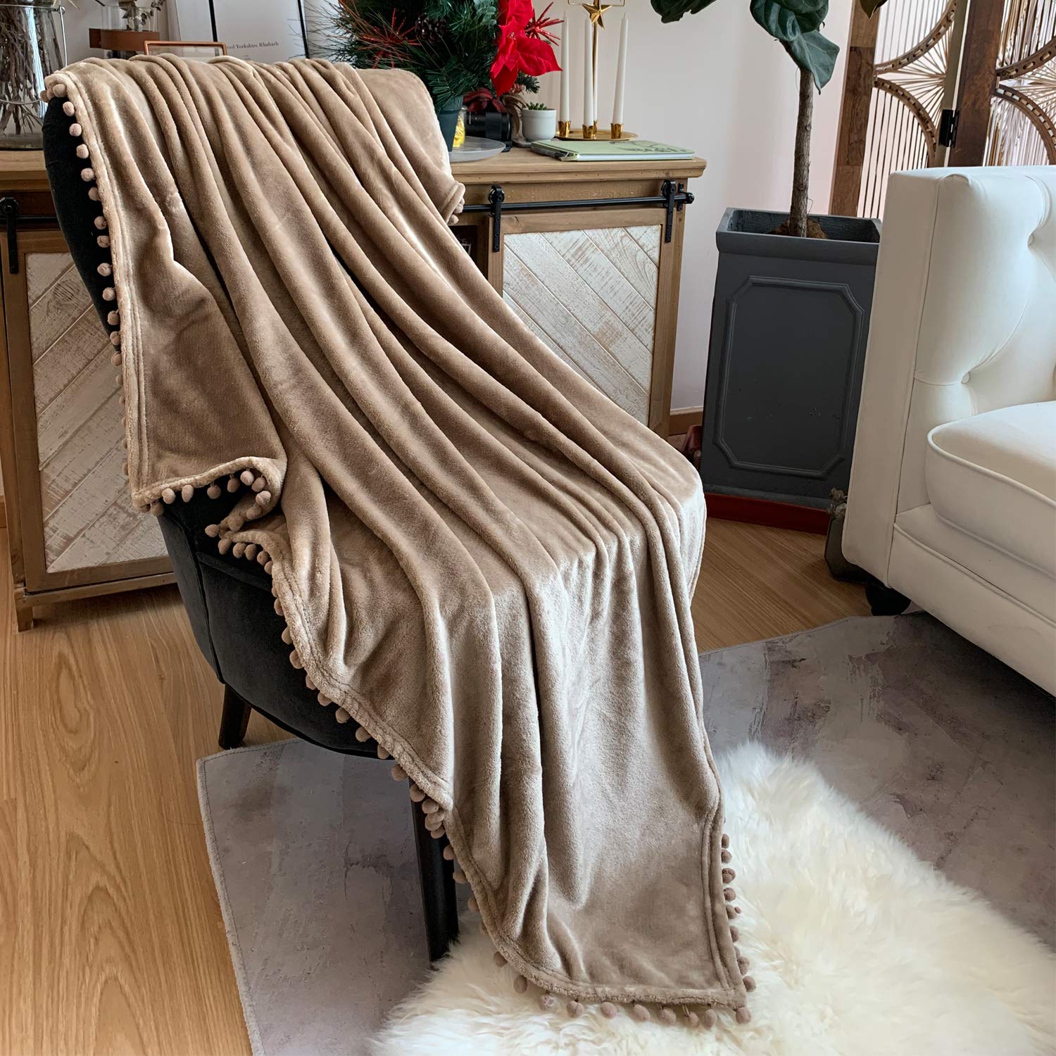 LOMAO Soft Flannel Blanket with Pompom Fringe - Lightweight & Cozy Throw Blanket for Bed, Couch, Sofa - All-Season Warmth (Khaki, 60''x80'') - Perfect for Lounging, Netflix Nights & Guest Bedrooms