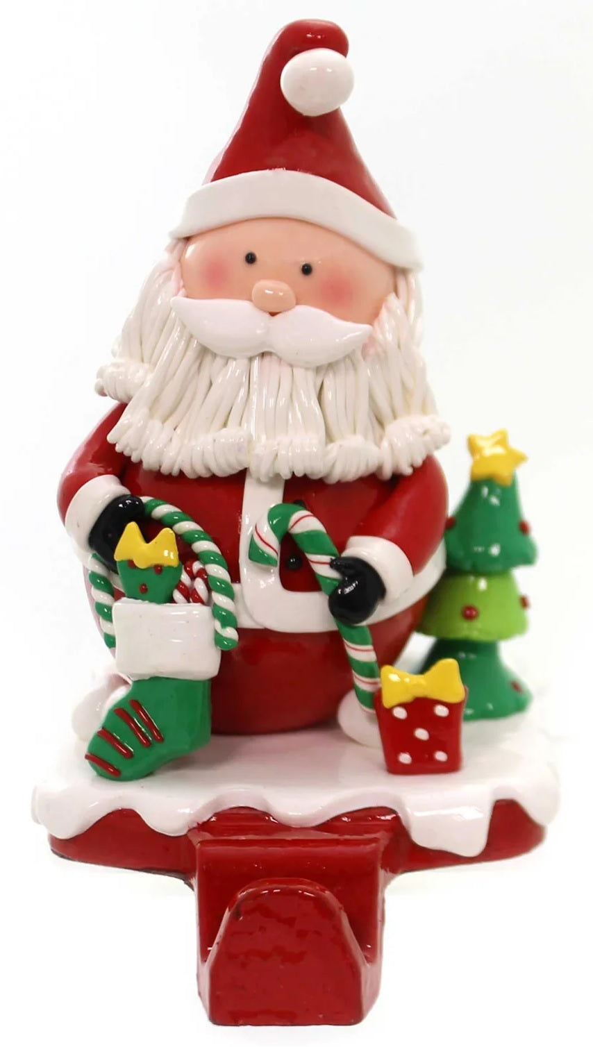 5.5 Inch Clay Dough Santa and Snowman Stocking Hangers - Christmas Fireplace Mantle Decor for Holiday Home Decorations
