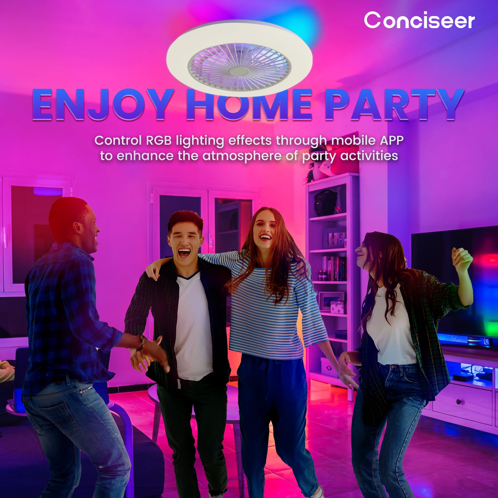 19 Inch RGB Smart Ceiling Fan with Lights - Low Profile, App & Remote Control, 3CCT Dimmable, 5 Blades, 6 Speed Reversible Quiet DC Motor for Bedroom, Living Room - Perfect for Modern Home Decor & Smart Home Integration