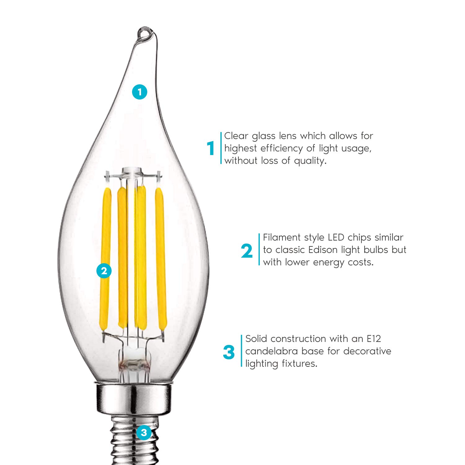 LUXRITE Vintage LED Candelabra Bulbs 24 Pack - 60W Equivalent, 550 Lumens, 3500K Natural White, 5W Dimmable Flame Tip Filament LED Candle Light Bulbs with Clear Glass & E12 Base - Perfect for Chandeliers, Wall Sconces, Ceiling Fans and Vintage Lighting Fixtures