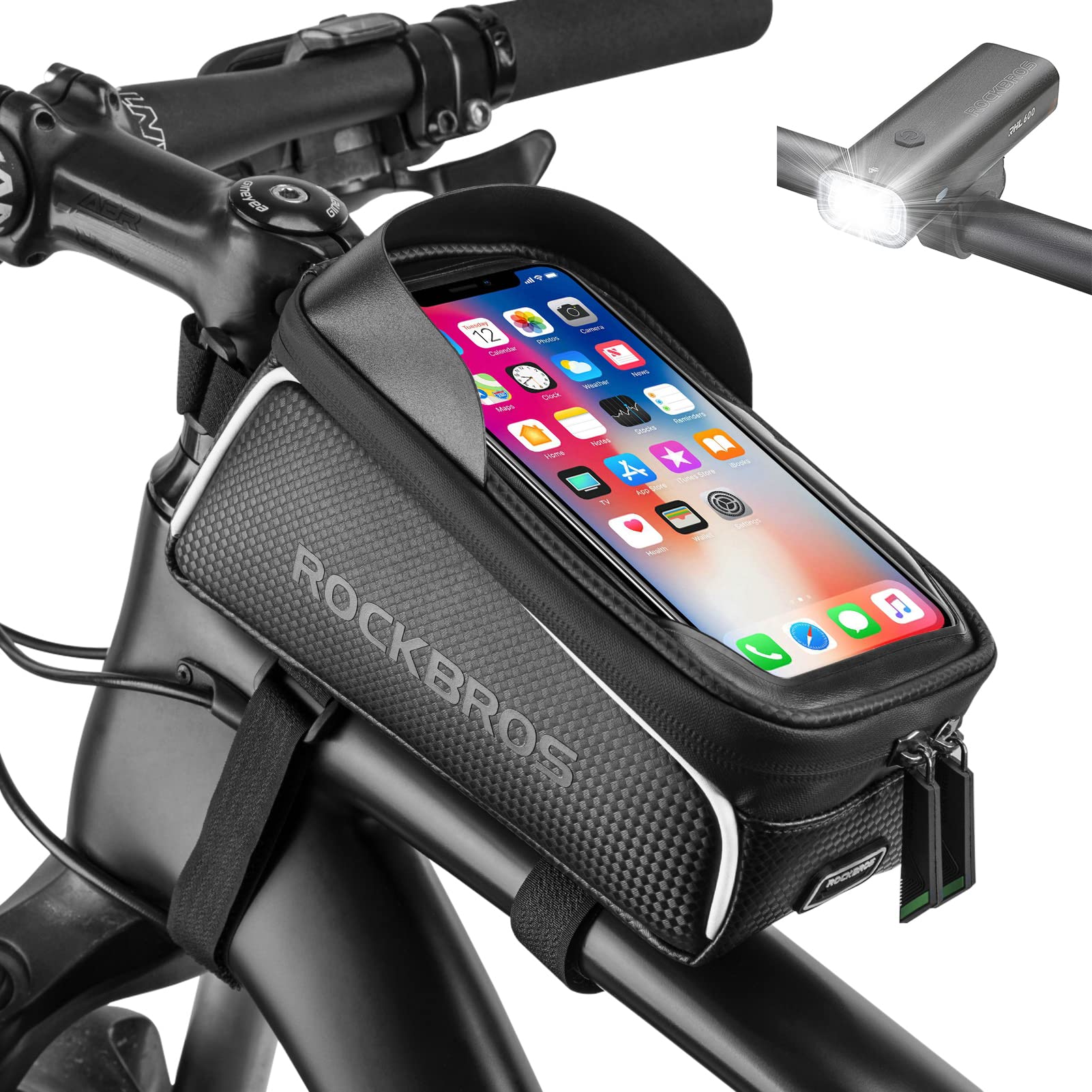 ROCKBROS Waterproof Bike Phone Frame Bag - Front Bicycle Storage Pouch with Built-in Headlight for Cycling, Commuting & Outdoor Adventures