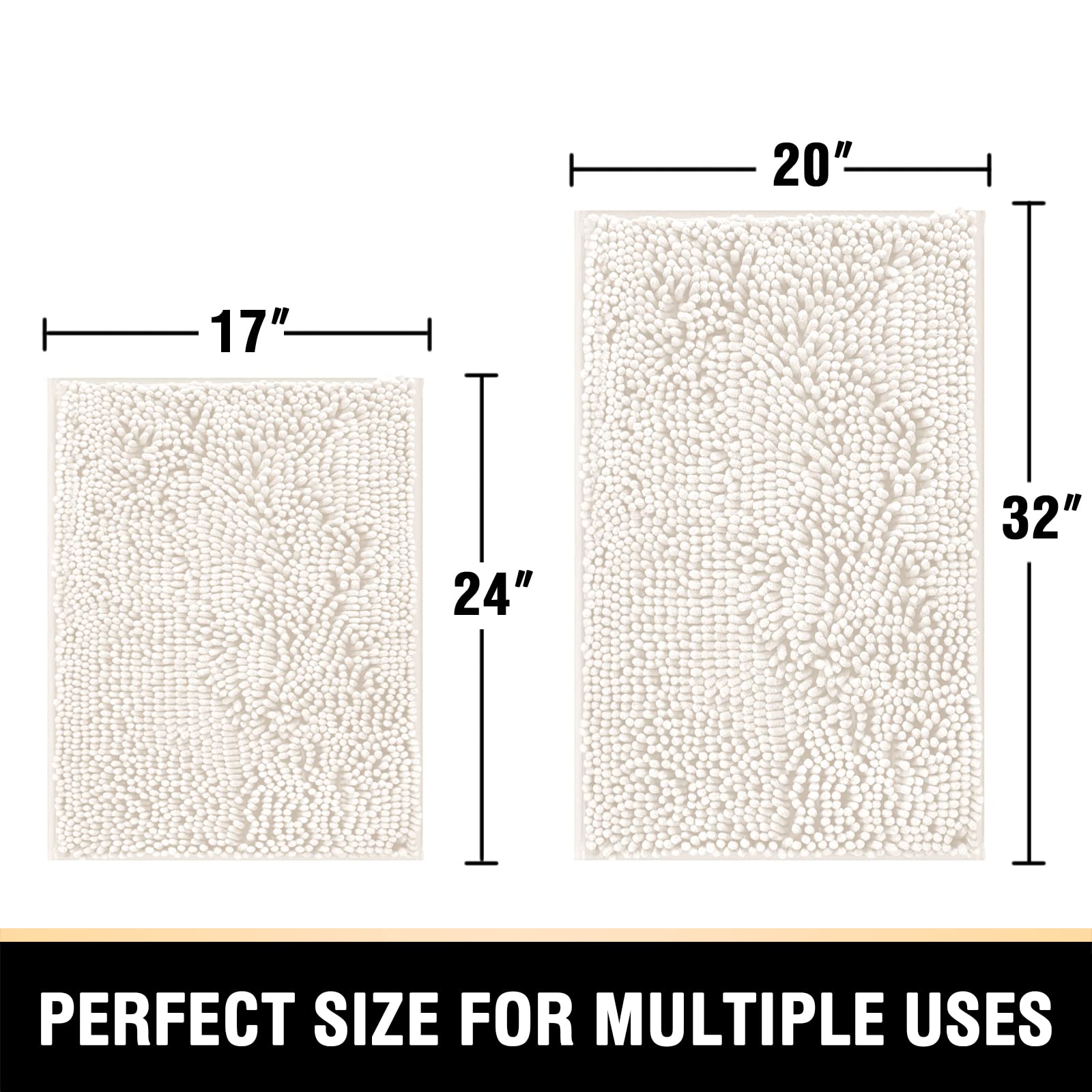 Premium Non-Slip Chenille Bathroom Rugs Set - Ultra Soft Absorbent Shaggy Bath Mats, Washable & Quick Dry, 2-Piece (Ivory, 20