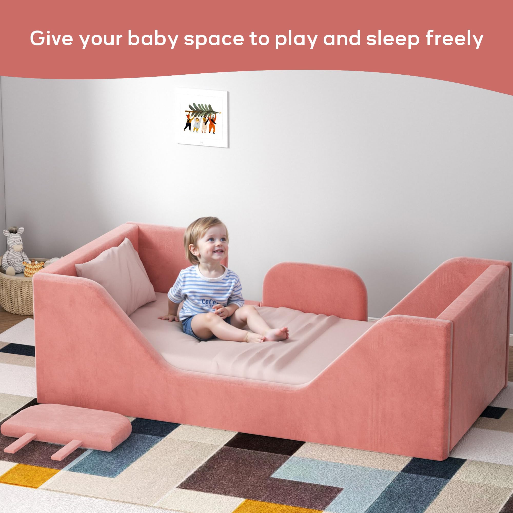**Toddler Floor Bed with Guard Rails - Safe & Certified Small Bed for Kids Boys & Girls Ages 2-6 Years (Pink) - Perfect for Montessori Bedrooms & Kids' First Big-Kid Bed**