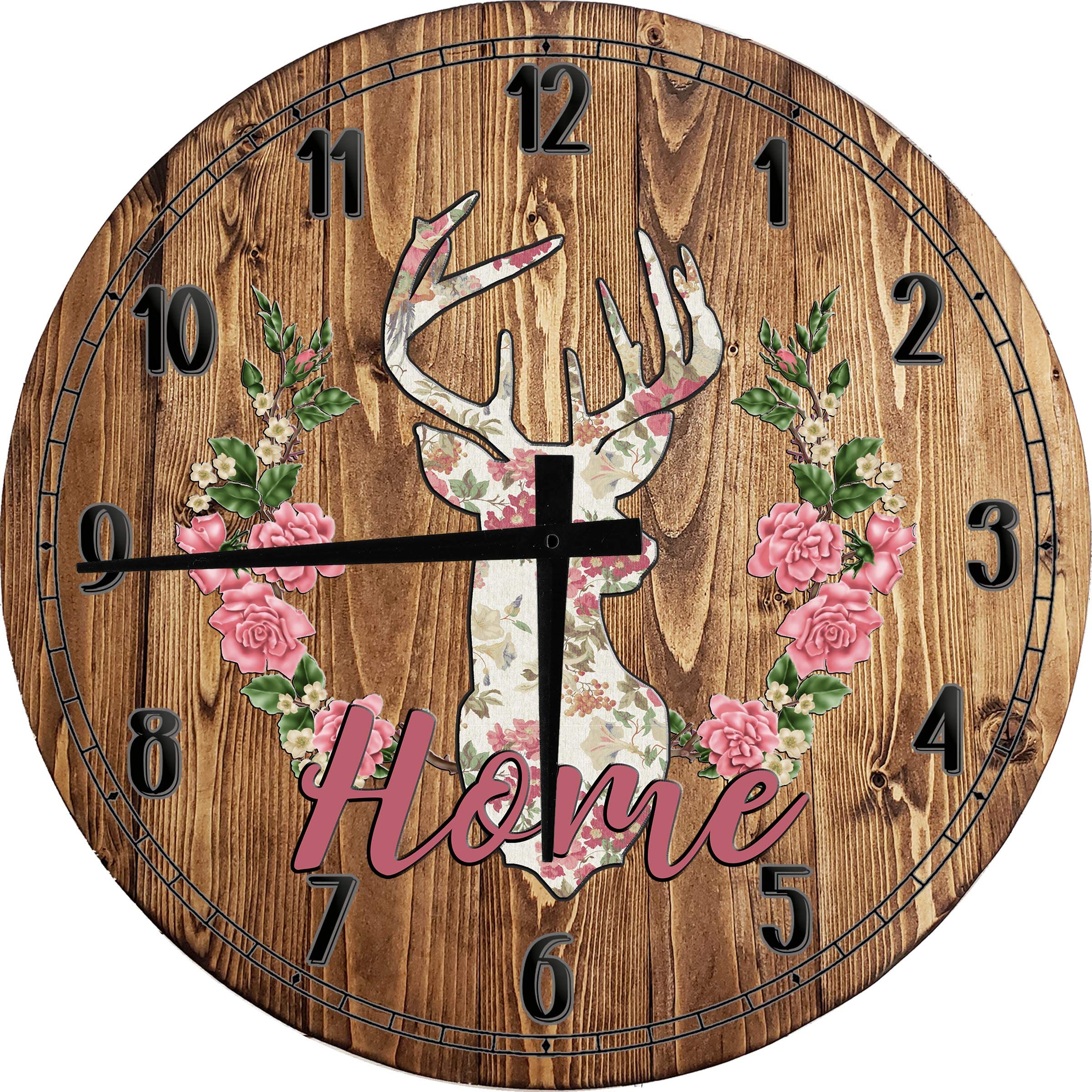Boho Wall Art Decor - 24 Inch Large Round Wall Clock with Deer, Flower & Reef Design - Battery Operated for Living Room, Bedroom & Office