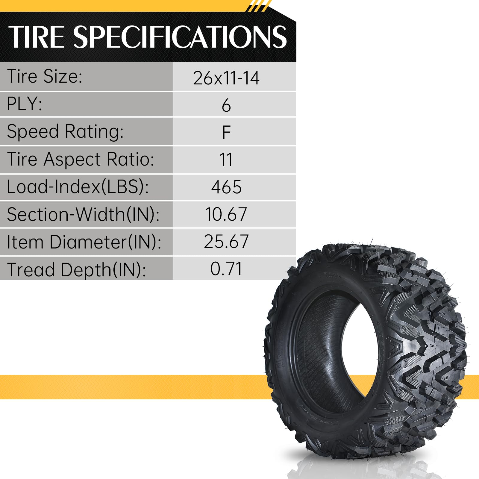 SUNROAD 4-Pack ATV/UTV Sport Tires - 26x9.00-14 Front & 26x11.00-14 Rear 6-Ply All-Terrain Tubeless Tires (26x9x14 & 26x11x14) for Off-Roading, Mudding & Trail Adventures