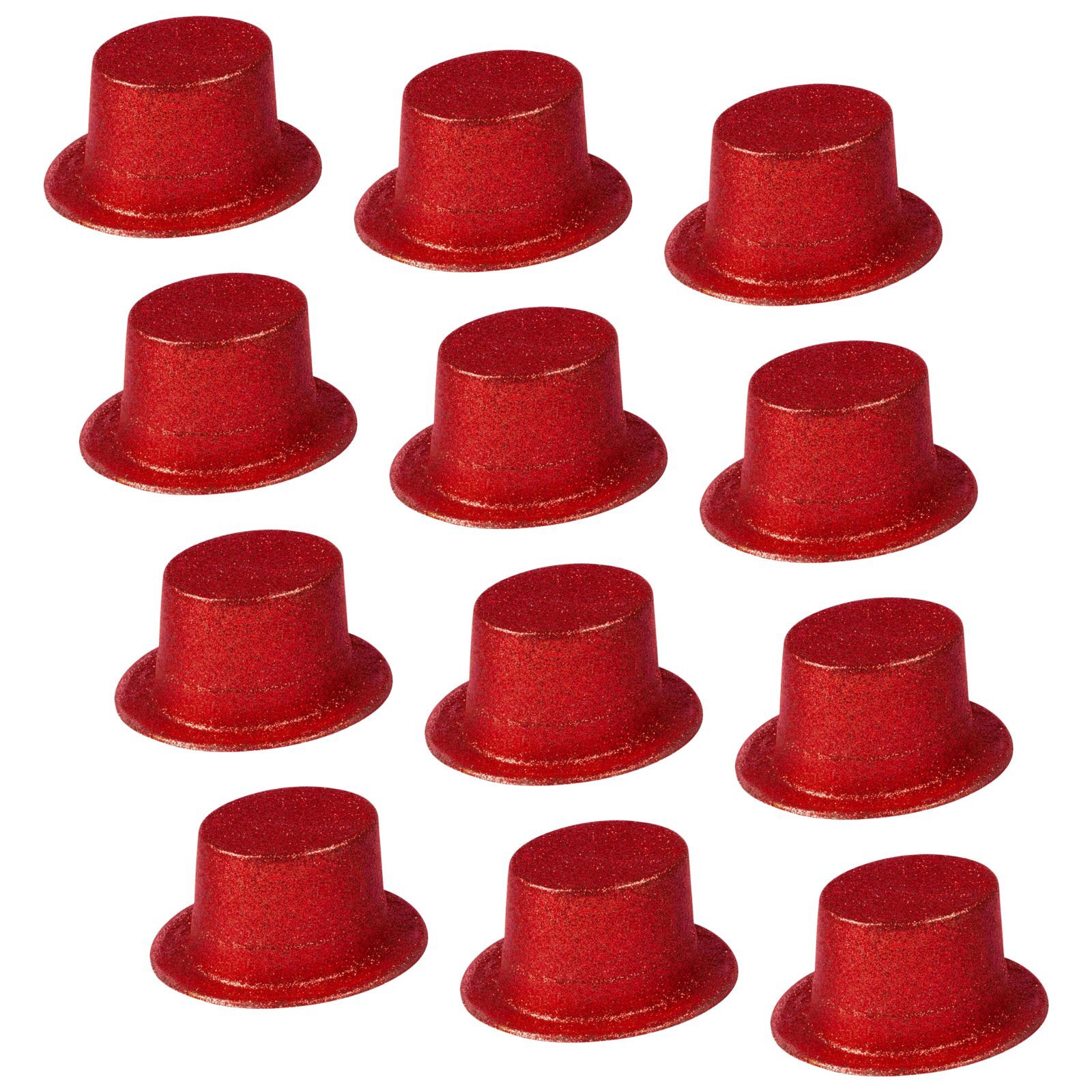 12 Pack Glitter Top Hats - Red Plastic Fancy Party Hats for Costumes, Dress Up, and Celebrations - Perfect for Halloween, Christmas, Birthday Parties, and Festive Events