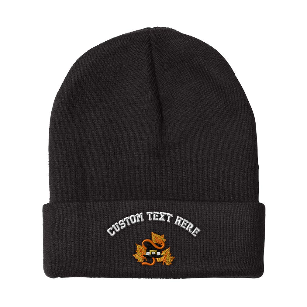 Custom Embroidered Pilgrim Hat Beanies for Men & Women - Acrylic Skull Cap Winter Hat (One Size, Black) - Personalized Thanksgiving & Christmas Gift for Outdoor Activities