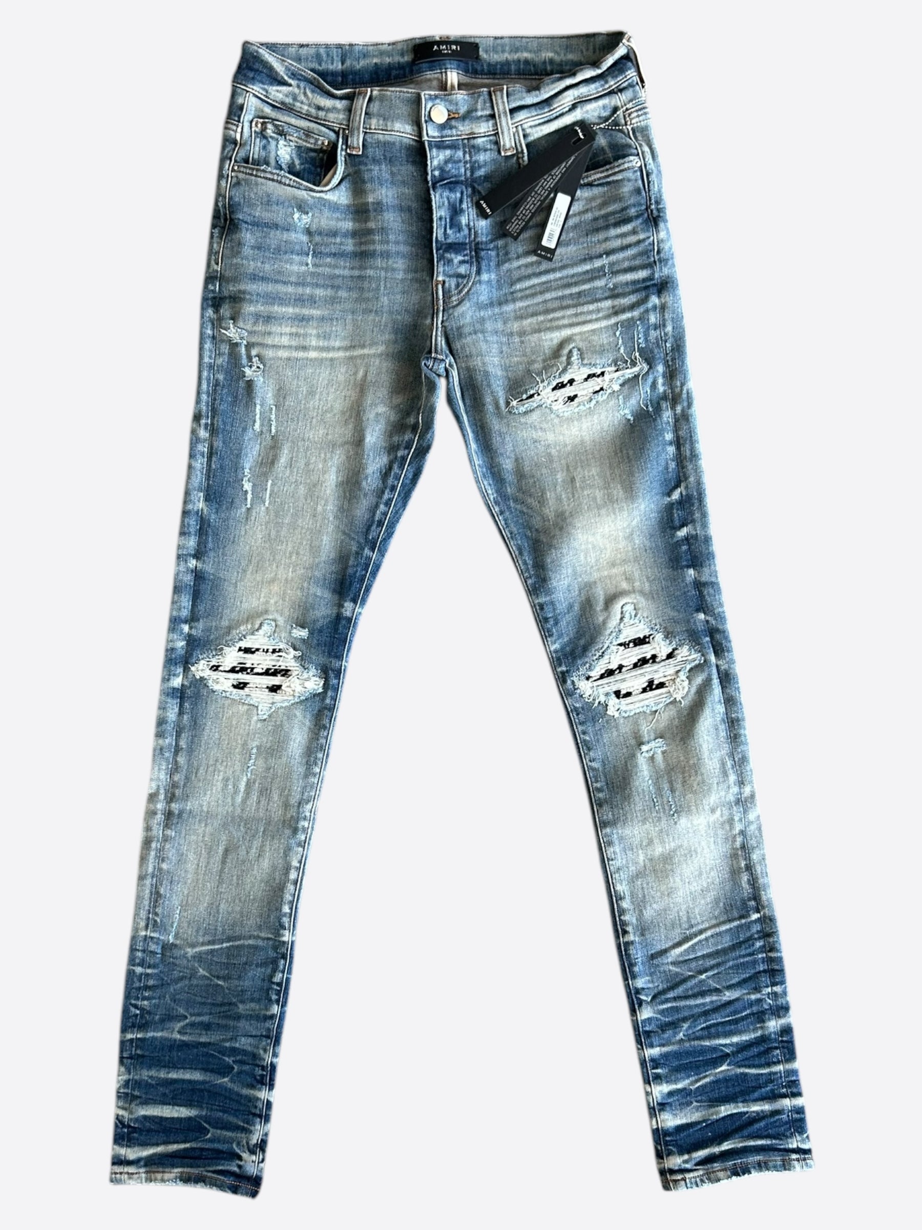 Amiri Blue MA Repair Patch MX1 Jeans - Distressed Denim Pants for Men | Stylish Ripped Skinny Jeans for Casual Wear & Night Out