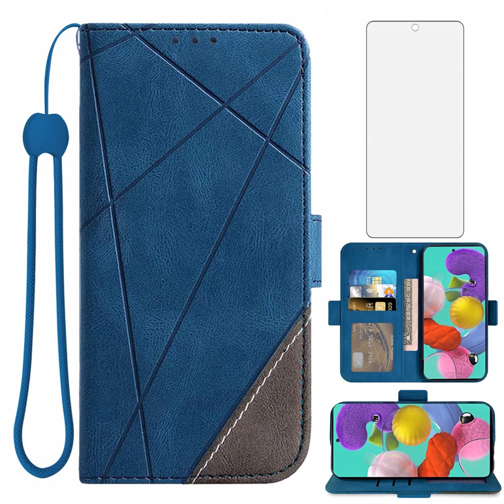 ASUWISH Samsung Galaxy A51 4G Wallet Case with Tempered Glass Screen Protector - Leather Flip Cover with Card Holder - Compatible with Galaxy A51/A515F/M40S (Blue) - Perfect for Daily Use, Travel & Business Professionals