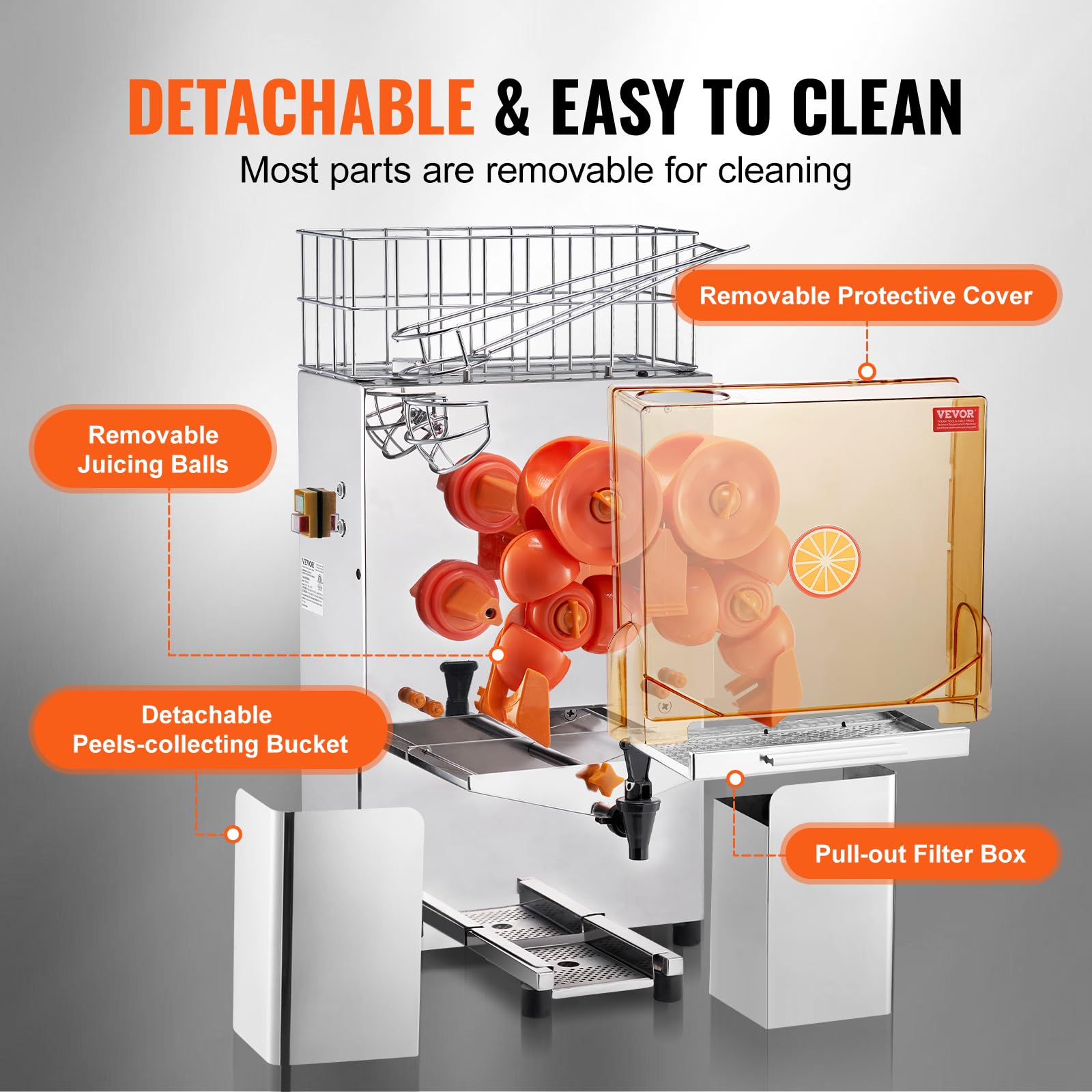 VEVOR Commercial Orange Juicer Machine 120W - Automatic Juice Extractor with Water Tap, Stainless Steel Orange Squeezer (20 Oranges/Min) - Includes Pull-Out Filter Box, PC Cover & 2 Peel Buckets - Perfect for Restaurants, Juice Bars & Catering Services