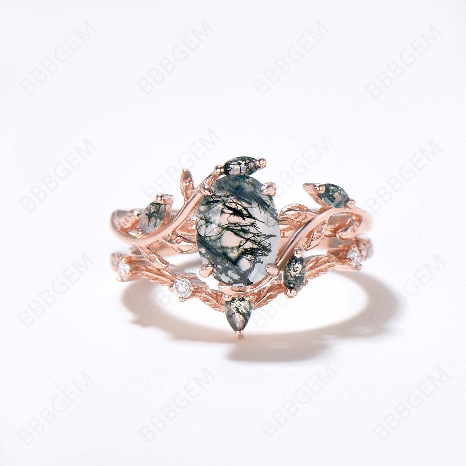 Vintage Oval Cut Green Moss Agate Engagement Ring - Rose Gold Art Deco Cluster Leaf Design, Nature Inspired Bridal Wedding Ring Set for Women | Perfect for Proposals, Anniversaries & Boho Chic Style