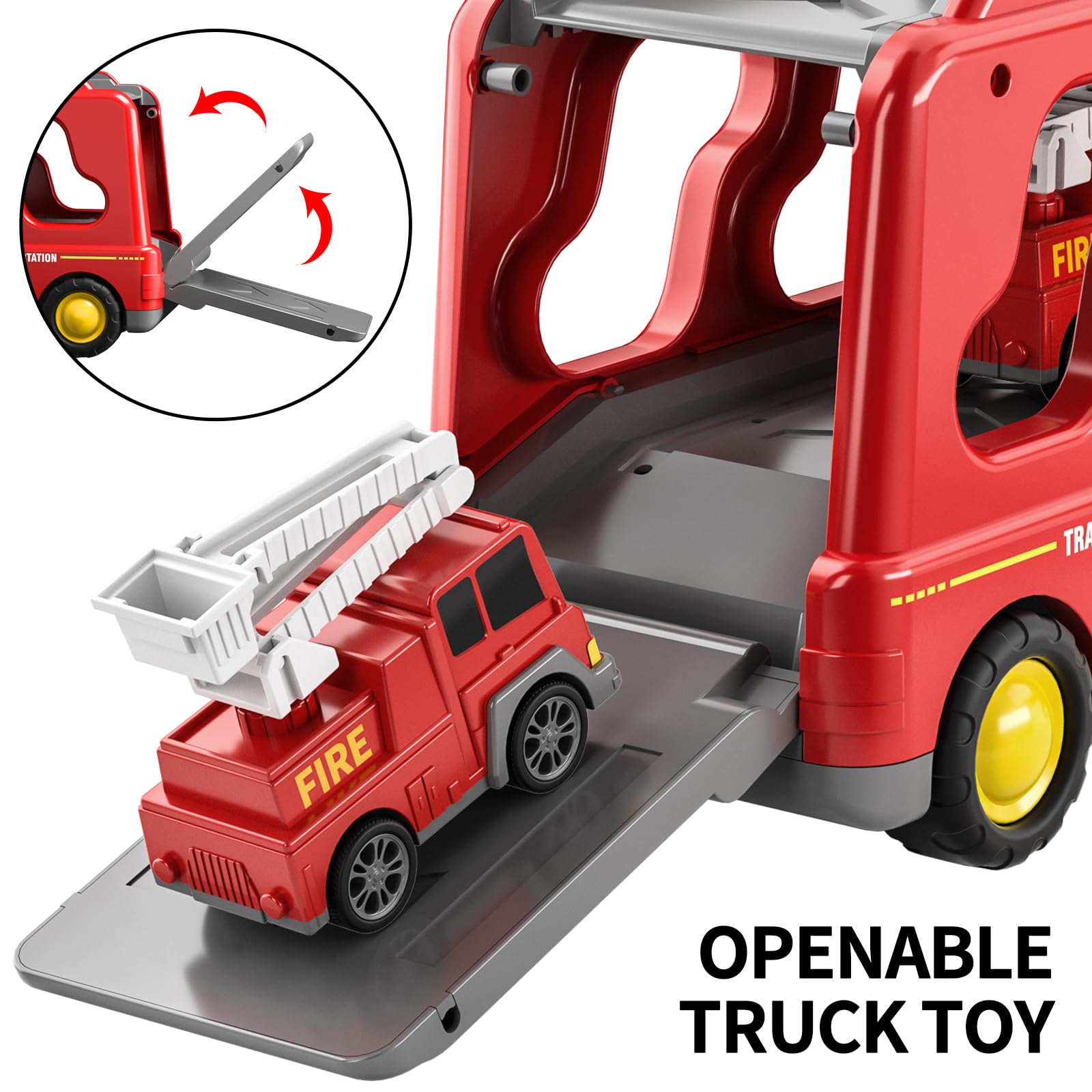 Fire Truck Toy for Kids Ages 3-7 - Toddler Fire Engine Transport Vehicle Carrier with Lights & Sounds - Best Gift for Boys & Girls - Perfect for Pretend Play, Birthday Parties & Preschool Learning