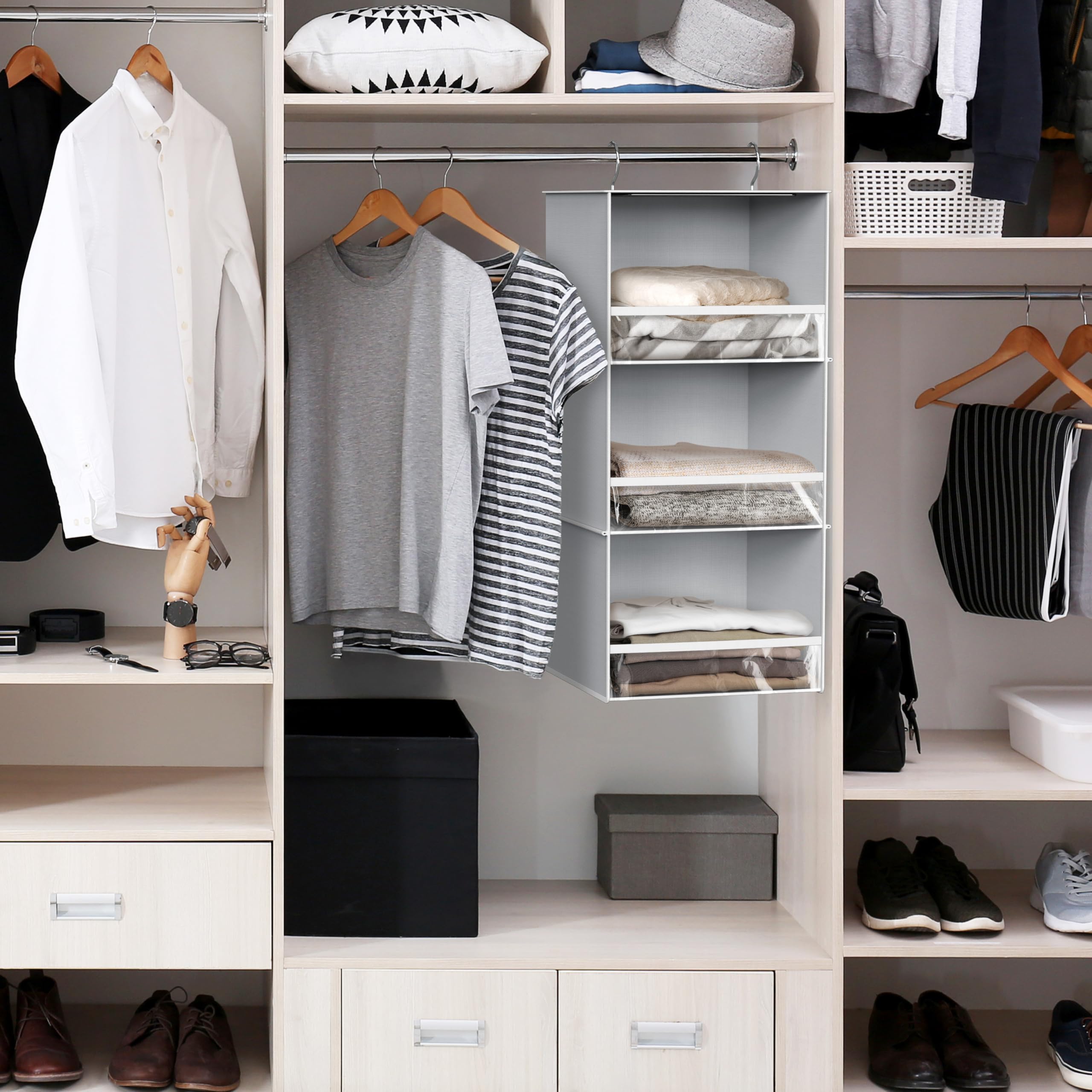 Simple Houseware 3-Tier Hanging Closet Organizer with Front Stopper, Gray - Space Saving Storage for Bedroom, Bathroom & Closet Organization
