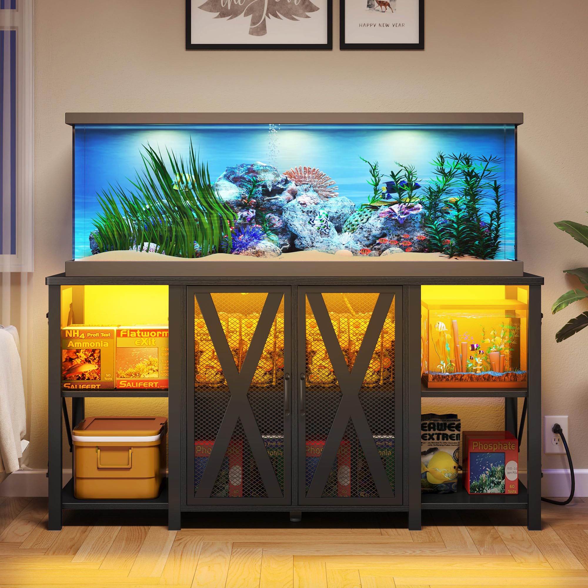 DWVO Heavy Duty 75/90/120 Gallon Reptile Tank Stand with Power Outlet & LED Light - 2000LBS Capacity Aquarium Cabinet for Turtle Tanks, Snake Terrariums, Fish Tanks - Perfect for Reptile Habitats, Home Decor & Pet Enclosures (Black)
